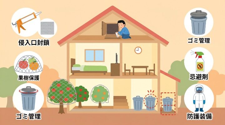 自分でできる害獣の予防・応急対策を住宅断面図で表現。屋根裏で点検する作業着キャラクターと、侵入口封鎖（パテガン・ステンレス網）・果樹保護・ゴミ管理・忌避剤・防護装備の5アイコンを配置したインフォグラフィック。