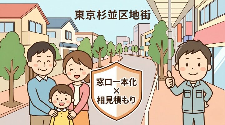 まとめ：窓口一本化と箱わな貸出を活かすのが杉並区での王道。家族（夫婦と子ども）が安心した笑顔で並び、中央に「窓口一本化×相見積もり」のシールド型アイコン、右側に作業着男性キャラクターが親指を立てる。背景に杉並区の街並みと並木道。