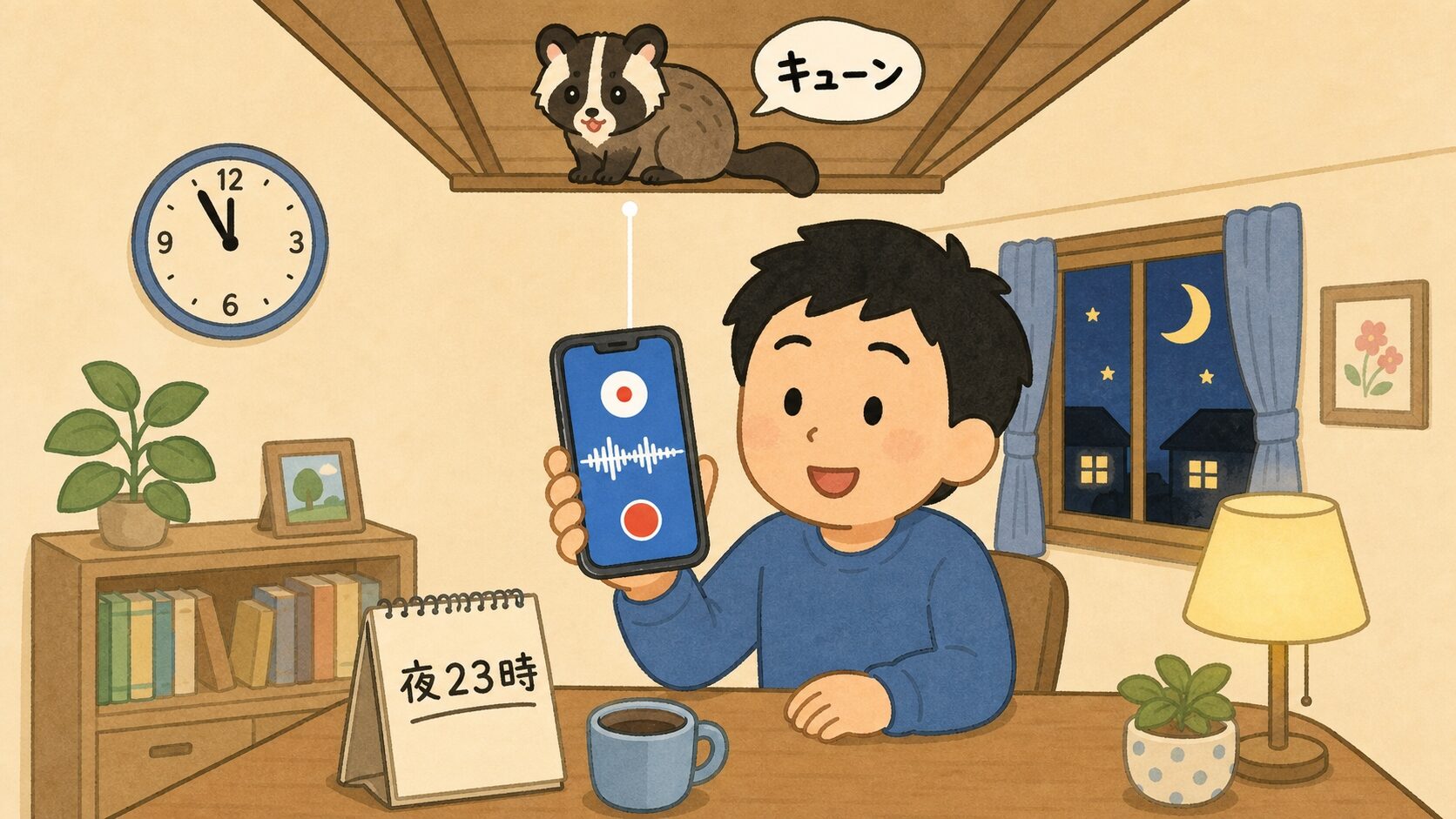 住人キャラがスマートフォンで録音アプリを使い、屋根裏のハクビシンの鳴き声を記録するいらすとや風イラスト。23時のメモと音声波形が表示されている