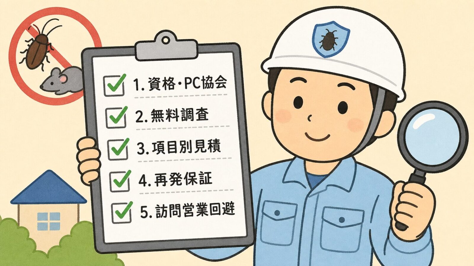 信頼できる業者選びの5チェックポイント(資格・PC協会・無料調査・項目別見積・再発保証・訪問営業回避)を示すいらすとや風のクリップボード型チェックリスト