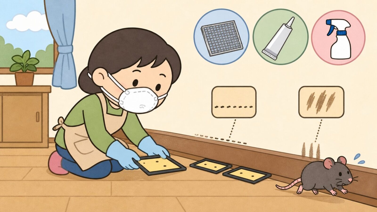 住人キャラがN95マスクと手袋を着用して粘着シートを設置する場面のいらすとや風イラスト。ステンレスメッシュ・パテ・スプレー、ラットサインの目印アイコンも配置