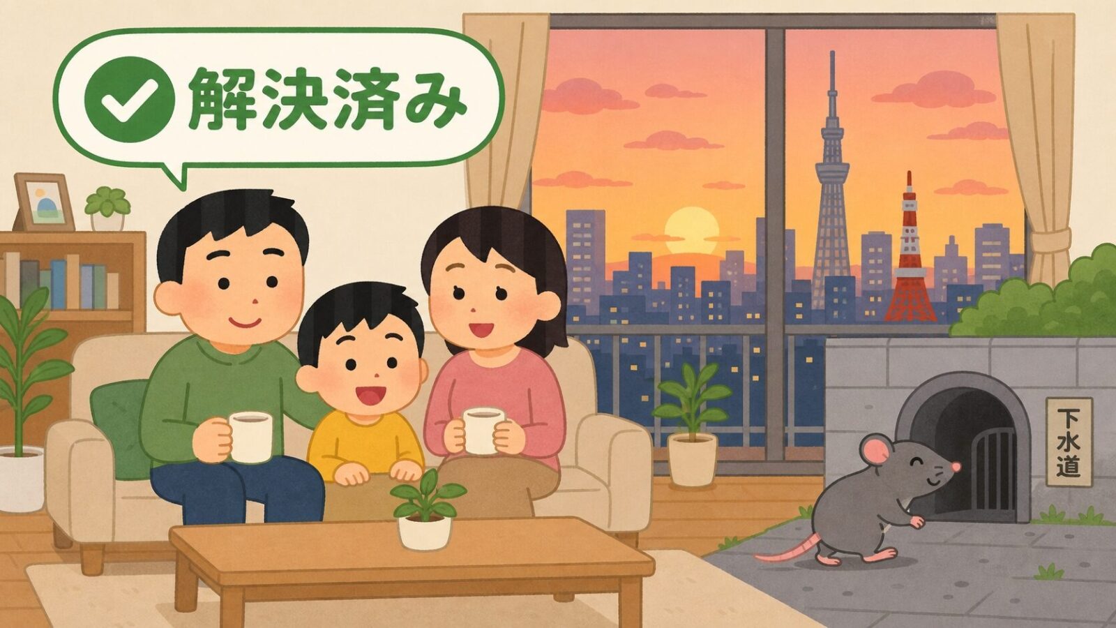 解決後の安心感を表現するいらすとや風まとめイラスト。家族3人が清潔な東京のマンションで笑顔・東京の夕暮れ景観・解決済みチェックマーク