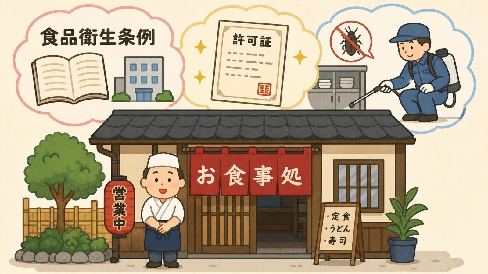 飲食店経営者キャラと食品衛生法施行条例・防除指導書類・業者訪問のアイコンを配置するいらすとや風イラスト。飲食店の防除義務を視覚的に表現