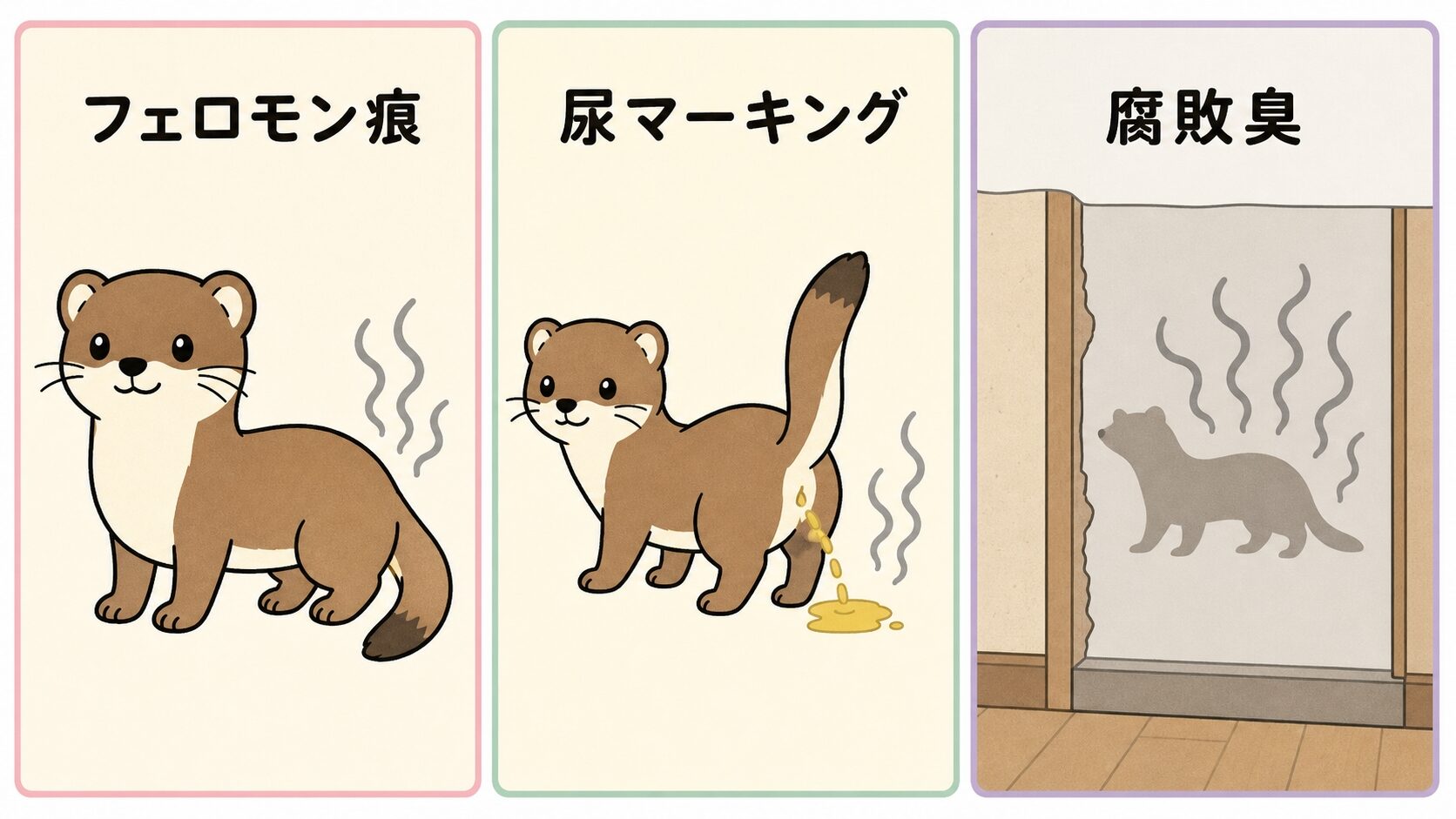イタチの臭いの3パターン(フェロモン痕・尿マーキング・腐敗臭)をいらすとや風キャラで3パネル比較した解説イラスト。各パターンに対応するイタチキャラと臭いウェーブを表示