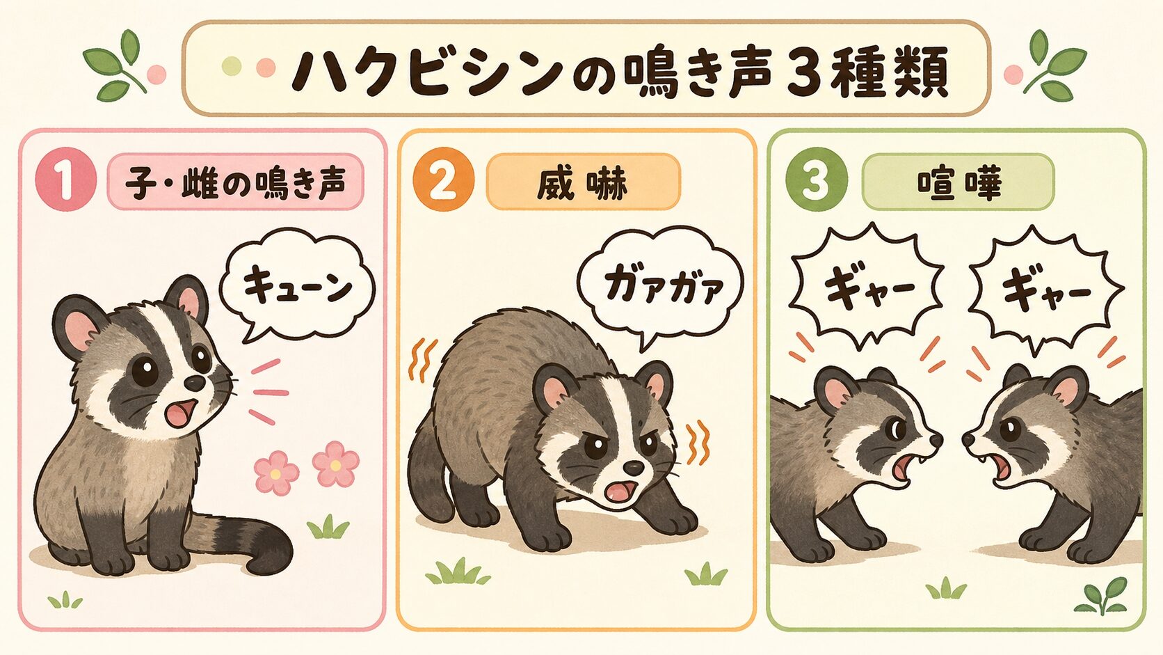 ハクビシンの3つの鳴き声パターン(キューン・ガアガア・ギャーギャー)を3パネル比較するいらすとや風イラスト。各パターンに対応するハクビシンキャラと吹き出しが配置されている