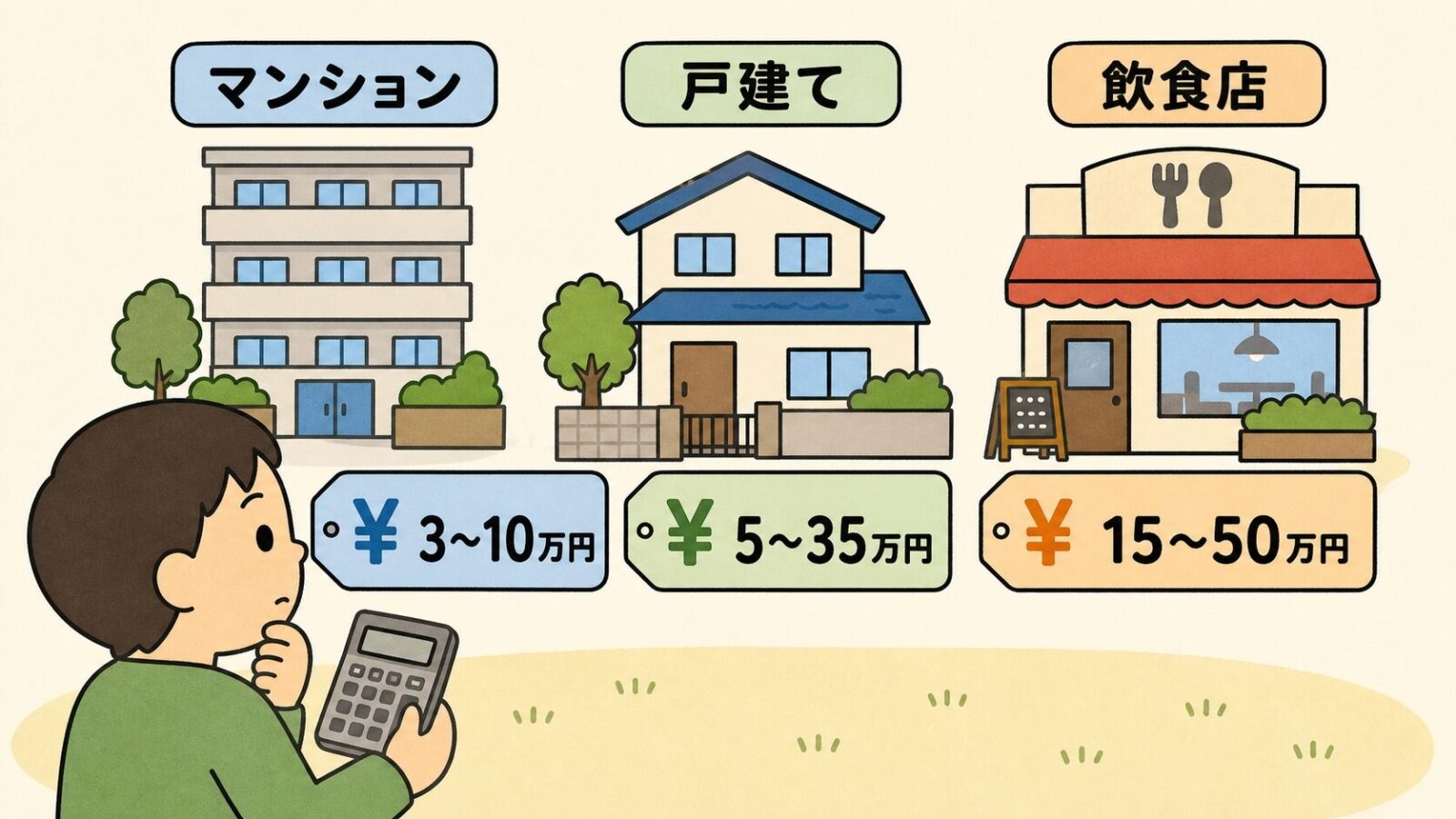東京都のネズミ駆除費用相場を示すいらすとや風イラスト。マンション3〜10万円・戸建て5〜35万円・飲食店15〜50万円の3建物比較と、計算機を持つ住人キャラ