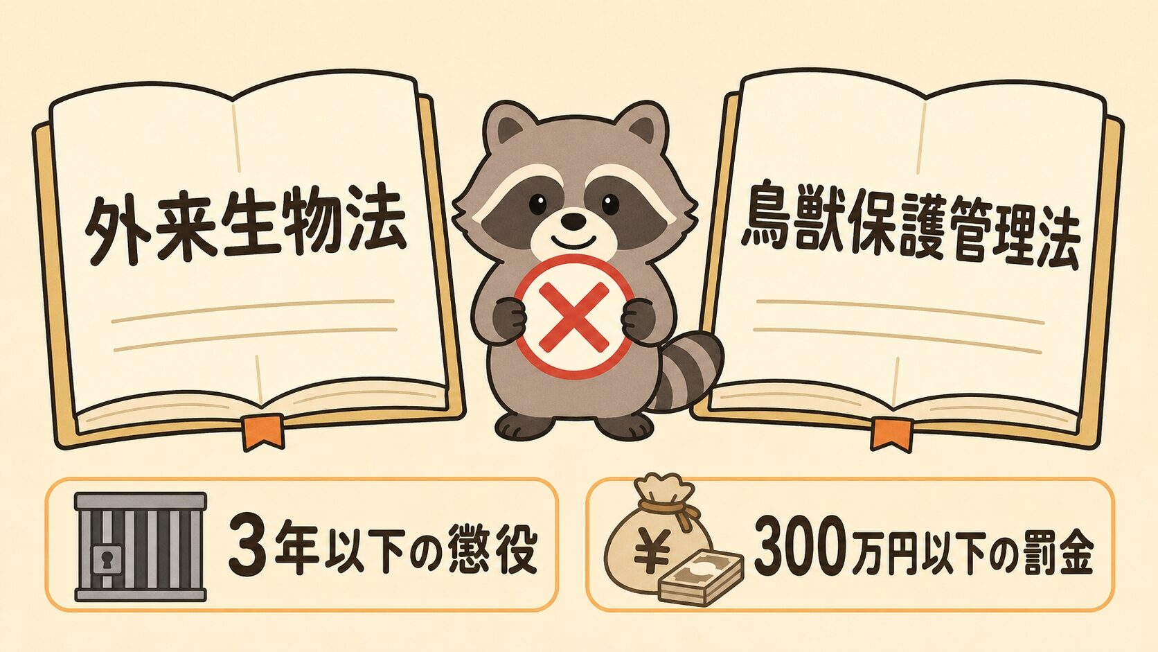 外来生物法と鳥獣保護管理法の二重規制を示すいらすとや風イラスト。2冊の法律書とアライグマキャラ、3年以下の懲役・300万円以下の罰金アイコンを配置した解説図