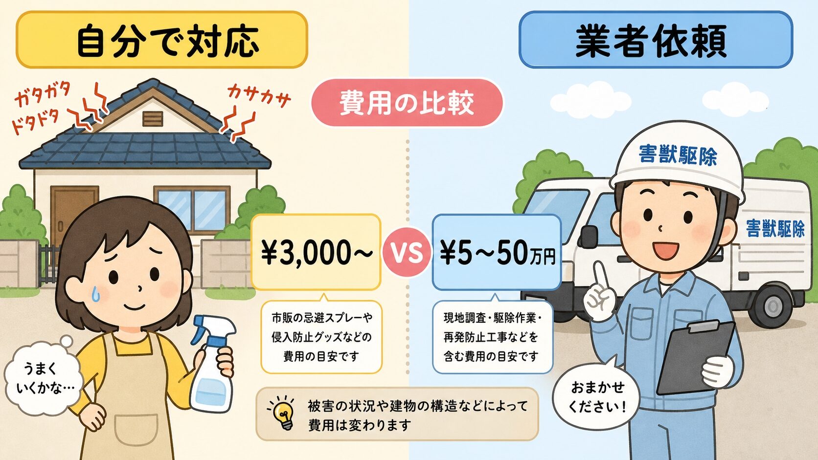 自分対応と業者依頼を比較するいらすとや風2列構成イラスト。住人キャラの自力対応と業者キャラの専門対応、費用目安3,000円〜と5〜50万円の対比