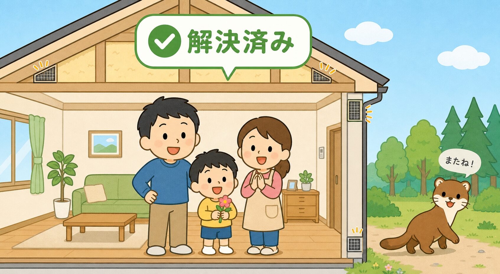 消臭・駆除・封鎖の3点セット完了後の安心感を表現するいらすとや風まとめイラスト。家族3人が清潔な家で笑顔を見せ、外ではイタチが森に帰る平和な解決シーン