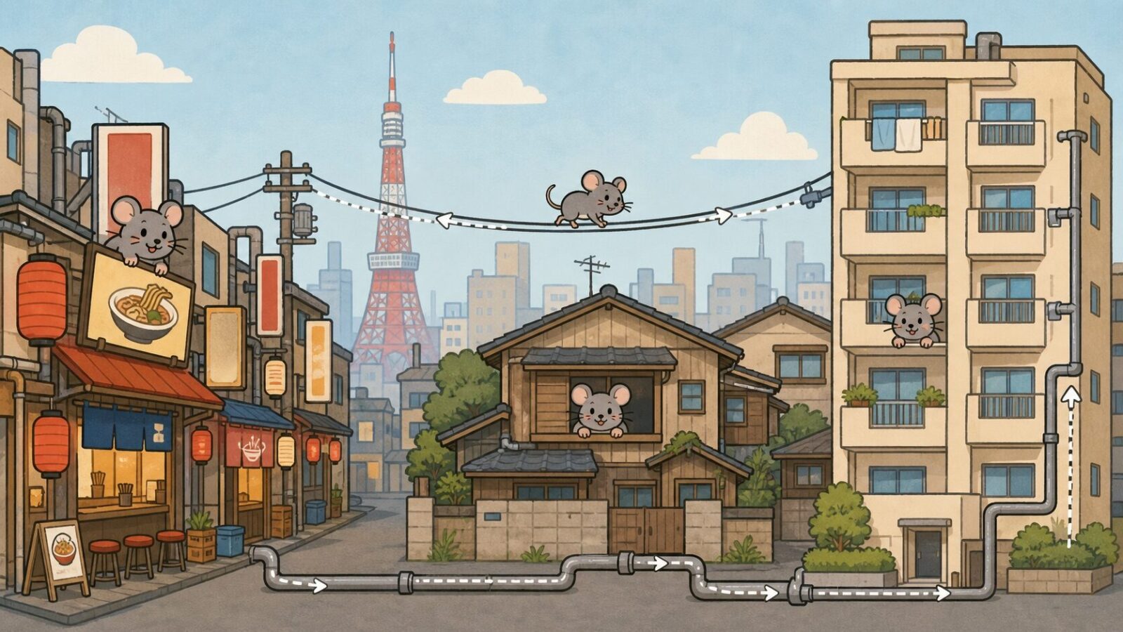 東京都のネズミ被害特性を示すいらすとや風イラスト。飲食店密集地・古い住宅街・高層マンションの3つのエリアでクマネズミ被害が発生する様子を都市景観で表現