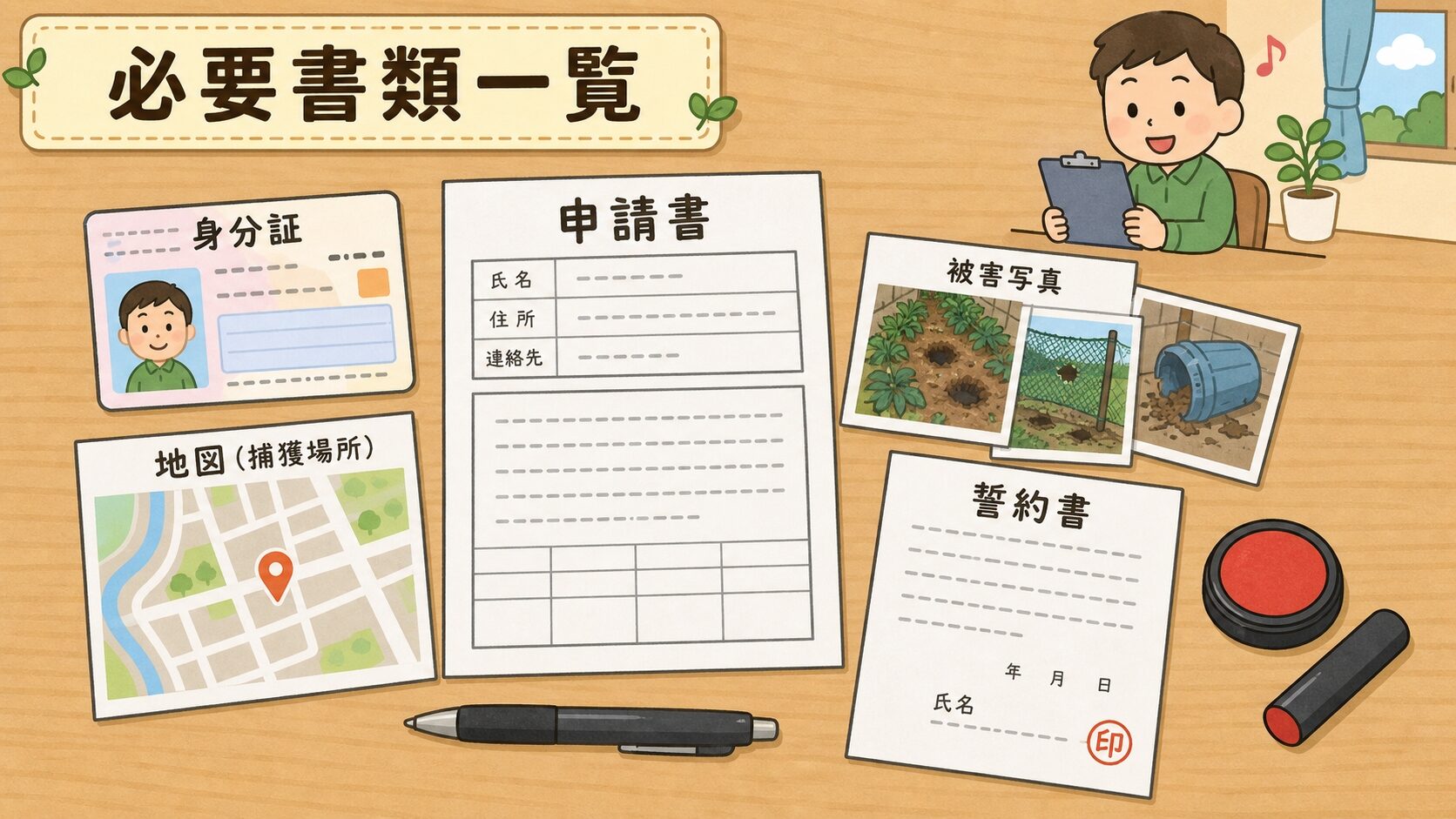 申請書・身分証・地図・被害写真・誓約書など必要書類を木目調のデスクに並べたフラットレイのいらすとや風イラスト。住人キャラがクリップボードを持ち書類整理する場面