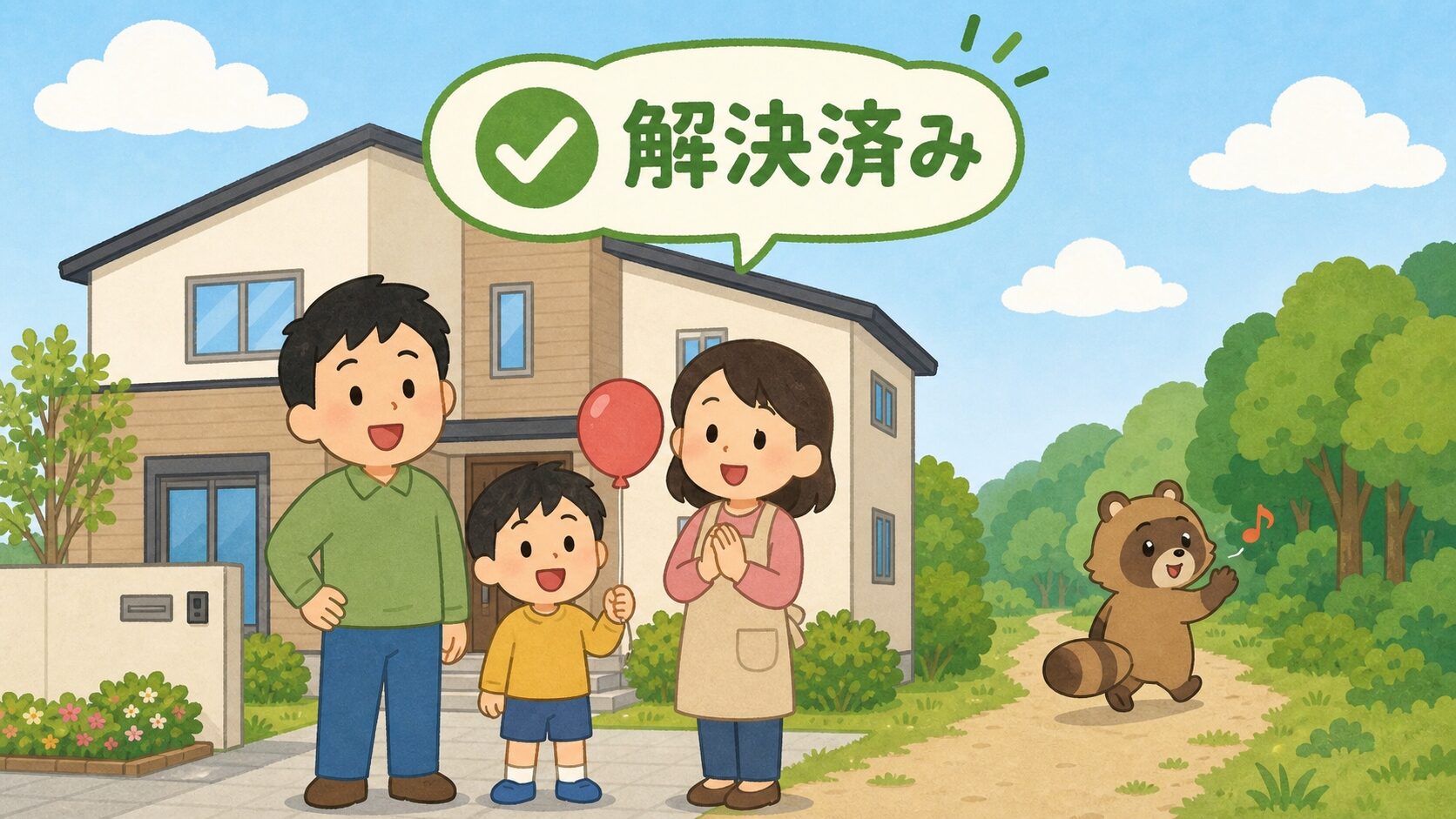 申請完了後の安心感を表現するいらすとや風イラスト。父母子ども3人の家族が清潔な住宅前で笑顔を見せ、背景にはアライグマキャラが森に帰る平和な解決シーン