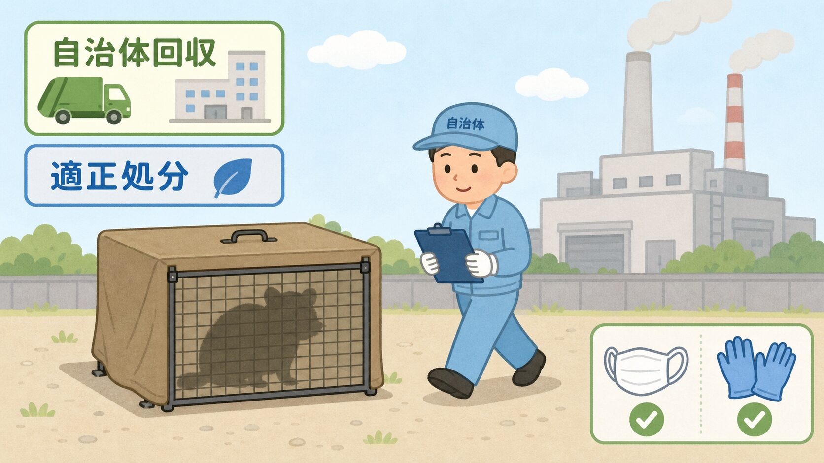 捕獲器を市役所職員に引き渡す場面を示すいらすとや風イラスト。産業廃棄物処理法に基づく適正処分の流れを優しいトーンで表現し、防護装備アイコンも配置