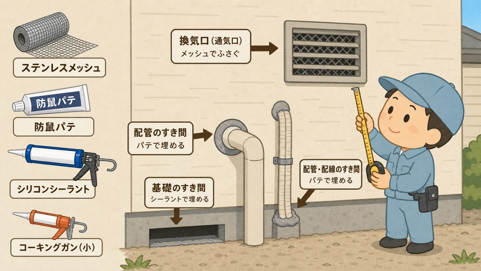 5mm目ステンレス製パンチングメタルや防鼠パテで侵入口を物理封鎖する方法を示すいらすとや風イラスト。作業員キャラが家の壁の隙間を点検する場面