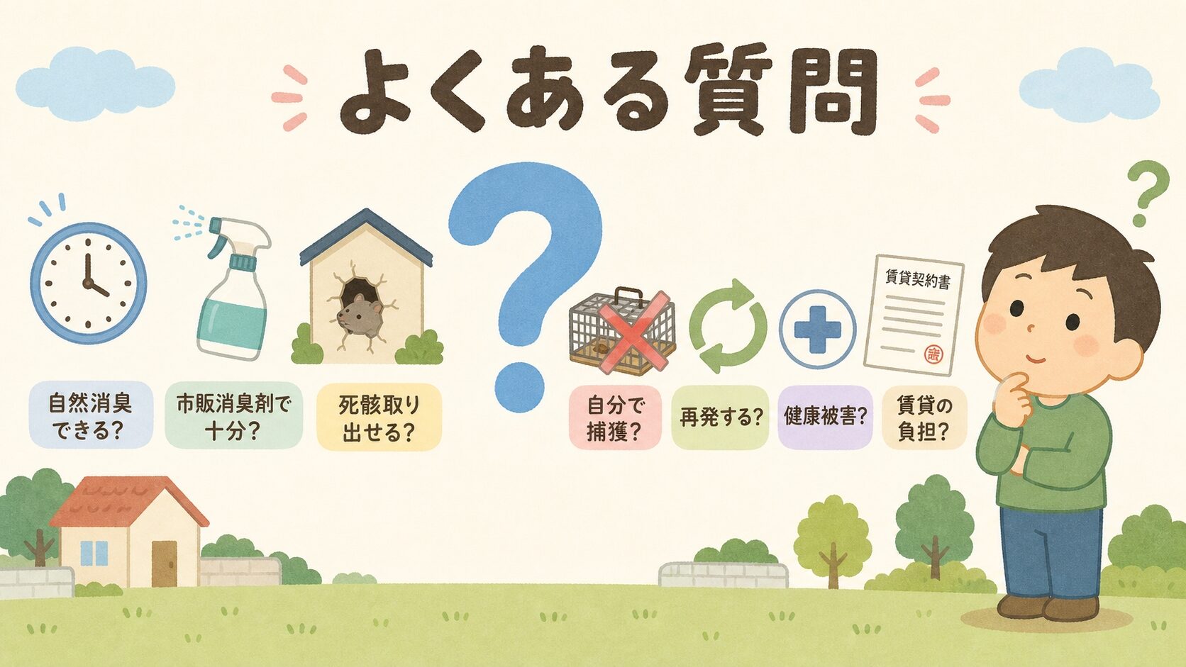 イタチの臭い対策でよくある質問のFAQセクションを示すいらすとや風イラスト。大きな疑問符と消臭剤・自然消臭・死骸処理・捕獲・健康被害のアイコンが配置
