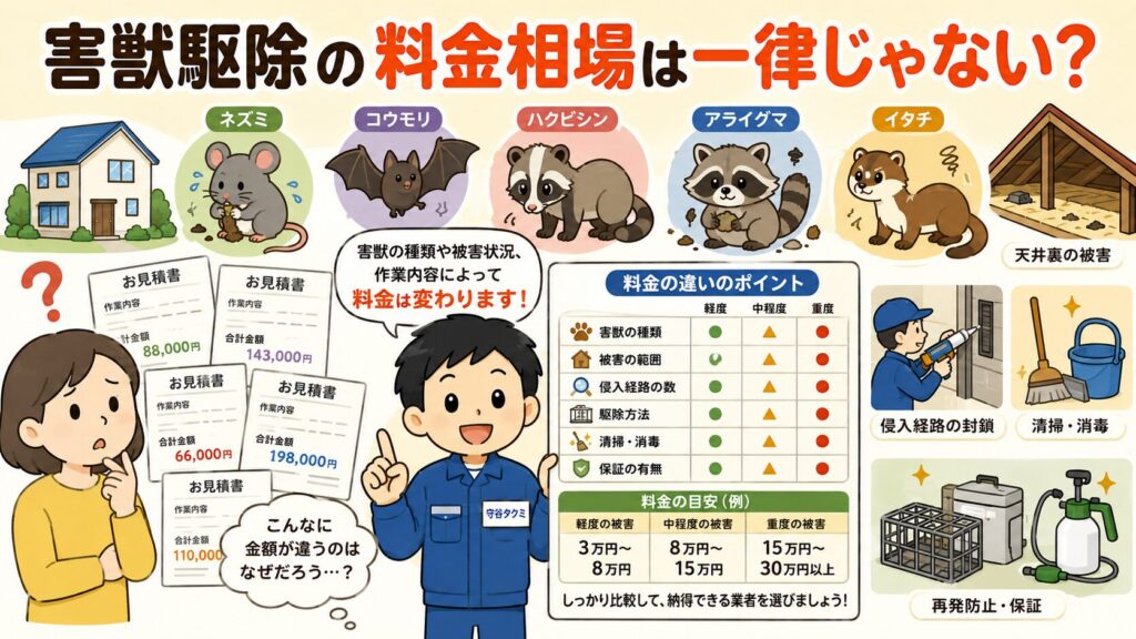 害獣駆除の料金相場をネズミ・ハクビシン・アライグマ・コウモリ・イタチ別に比較し、地域差や建物条件による費用の違いをわかりやすく伝えるアイキャッチ画像