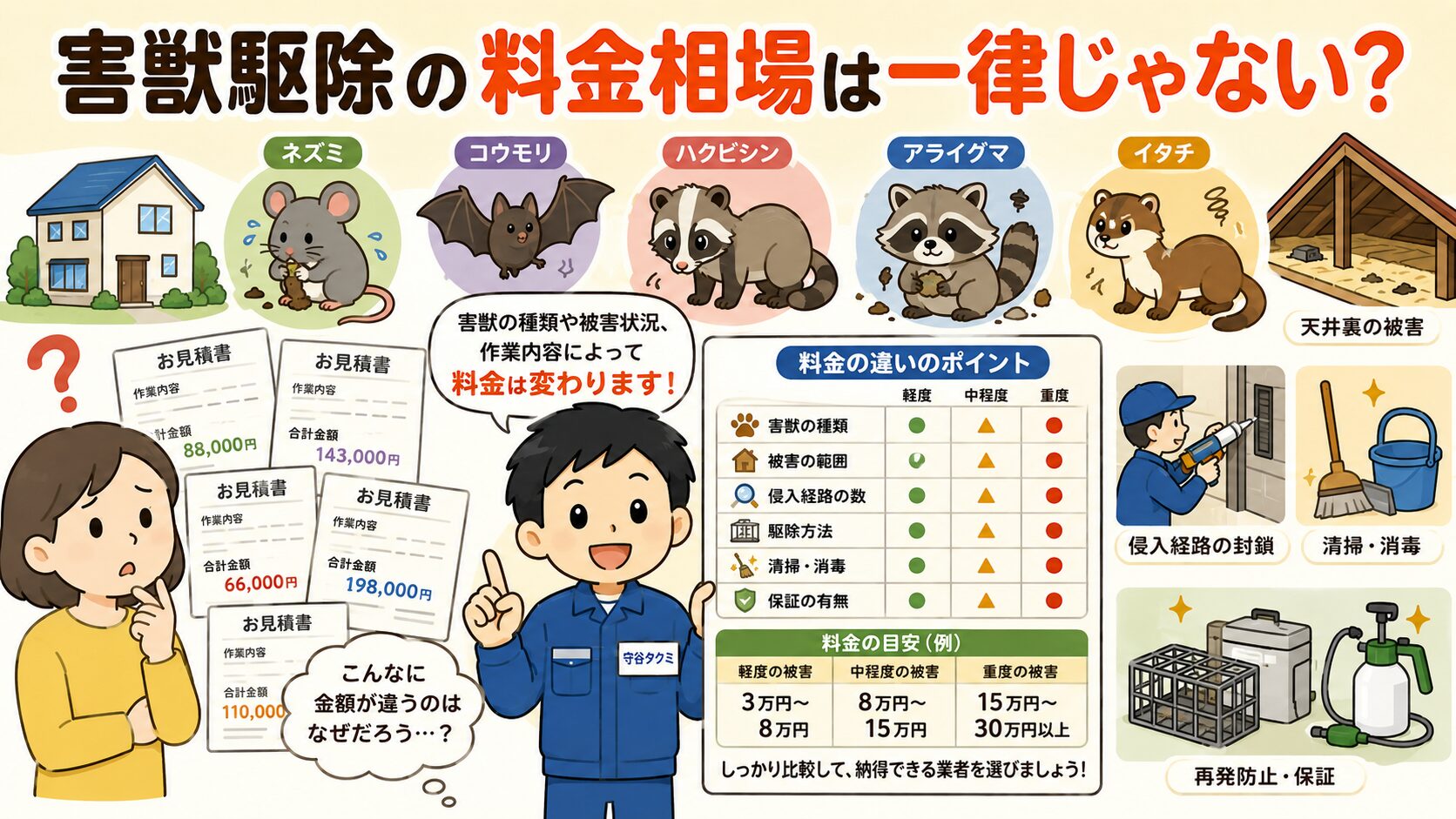 害獣駆除の料金相場をネズミ・ハクビシン・アライグマ・コウモリ・イタチ別に比較し、地域差や建物条件による費用の違いをわかりやすく伝えるアイキャッチ画像