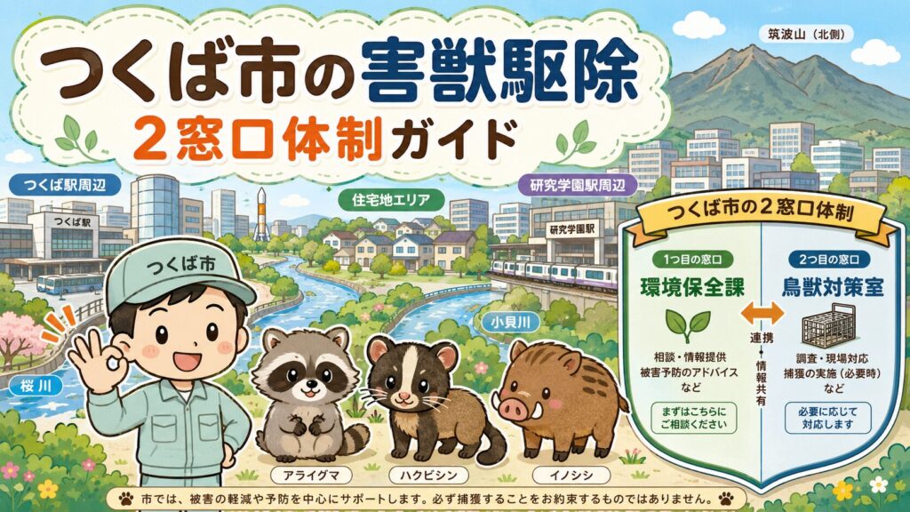 つくば市の害獣駆除を表現したメインアイキャッチ。北部に筑波山・桜川・小貝川・つくば駅周辺の街並みを背景に、作業着姿の守谷タクミ風キャラクターがOKサインを出し、手前にアライグマ・ハクビシン・イノシシ、中央に「環境保全課／鳥獣対策室」の2窓口ガイドのテキスト。