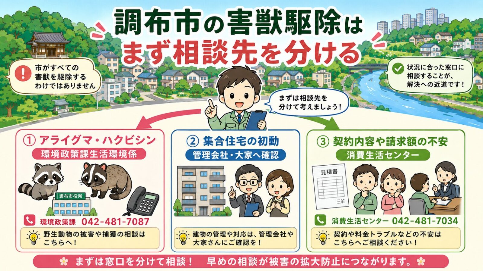 調布市の害獣駆除はまずどこに相談するかを、環境政策課、管理会社、消費生活センターに分けて整理した図解