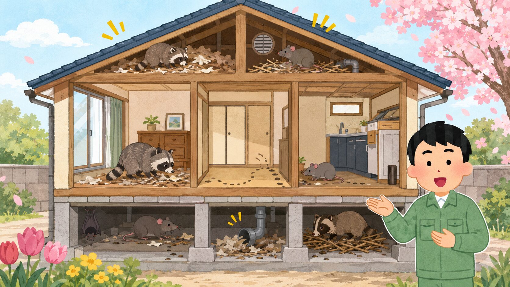 春に害獣被害が増えやすい理由を解説するイメージ