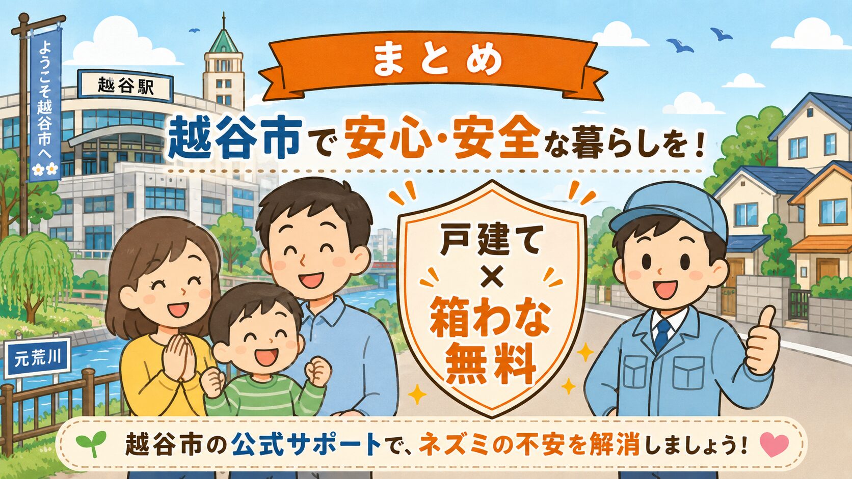 まとめ:越谷市で安心・安全な暮らしを!家族(夫婦と子ども)が安心した笑顔で並び、中央に「戸建て×箱わな」のシールド型アイコン、作業着男性キャラクターが親指を立てる。背景に越谷駅前・元荒川と住宅地。