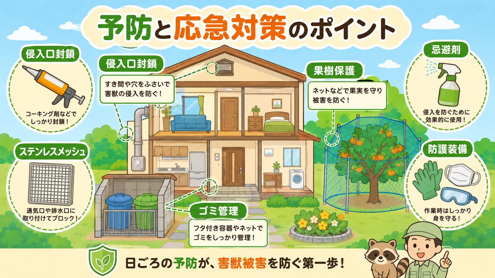 自分でできる害獣の予防・応急対策を住宅断面図とアイコンで表現。侵入口封鎖(コーキング剤)・ステンレスメッシュ・果樹保護(ネット)・ゴミ管理(フタ付き容器)・忌避剤・防護装備(マスク・ゴーグル)の6要素を配置したインフォグラフィック。