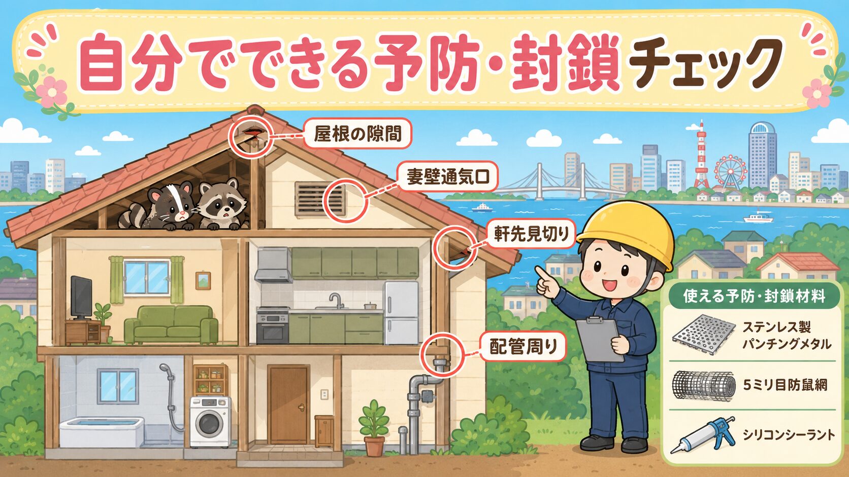自分でできる害獣予防・応急対策を、いらすとや風の作業着男性が住宅の屋根隙間・換気口・配管周りを点検しているイラストで表現。各侵入経路に赤い丸印とラベル付きで、船橋市の街並みを背景にした親しみやすいデザイン。
