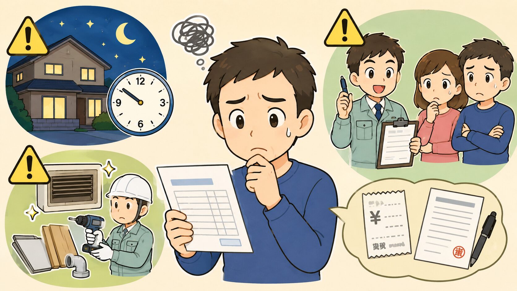 夜間料金や追加工事、即決契約の注意点をやわらかく示すH2画像
