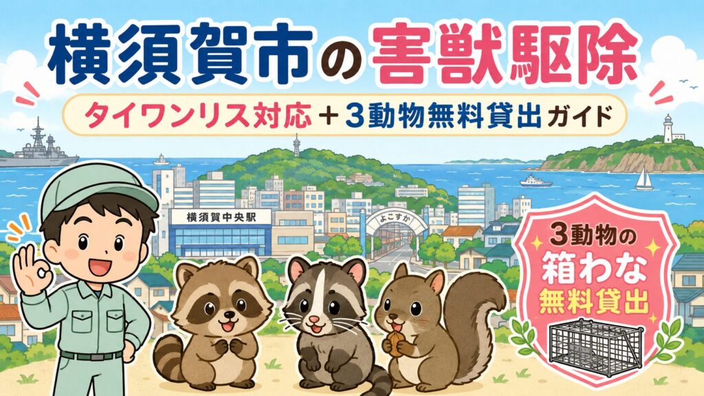 横須賀市の害獣駆除を解説するアイキャッチ画像。三浦半島・大楠山・東京湾／相模湾の海岸線と横須賀市の街並みを背景に、守谷タクミ（作業着姿のチビキャラ・点目）がOKサインを出している。アライグマ・ハクビシン・タイワンリス（クリハラリス）の3動物が箱わな無料貸出対象であることをシールド型アイコンで強調し、「横須賀市の害獣駆除：タイワンリス対応＋3動物無料貸出ガイド」のテキストを配置。