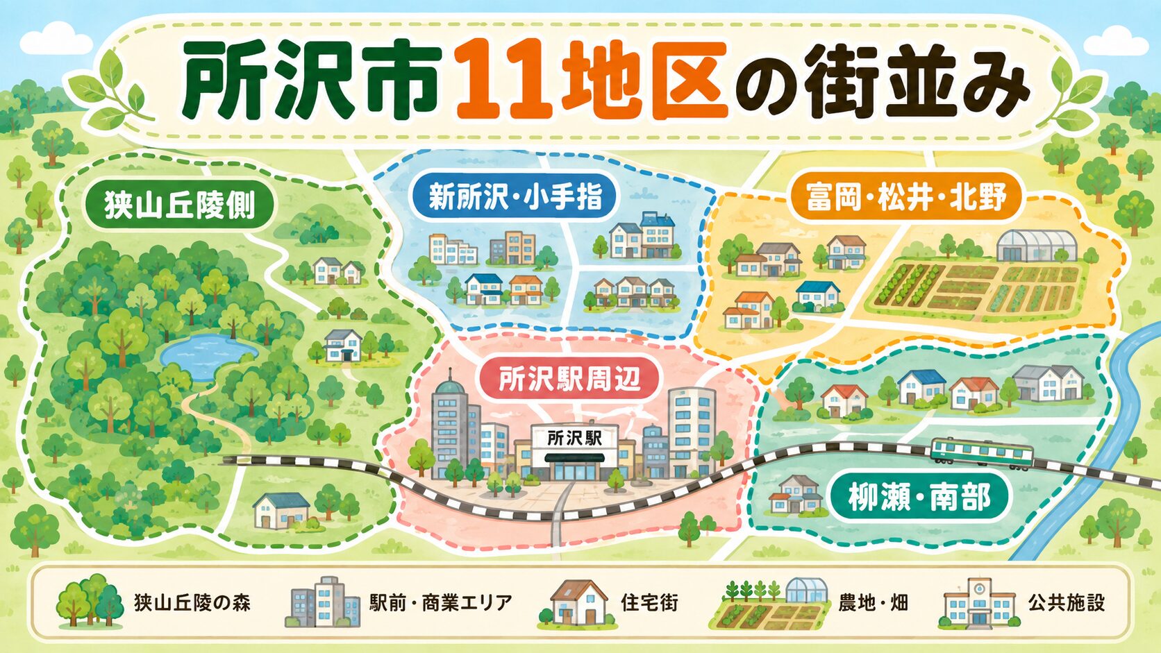 所沢市11地区(狭山丘陵側/所沢駅周辺/新所沢・小手指/富岡・松井・北野/柳瀬・南部)の街並み特性を地図イラストで表現。狭山丘陵の森・所沢駅前・住宅街・農地・公共施設の代表アイコンを配置し、害獣の侵入経路となりやすい街並みの違いを視覚化。