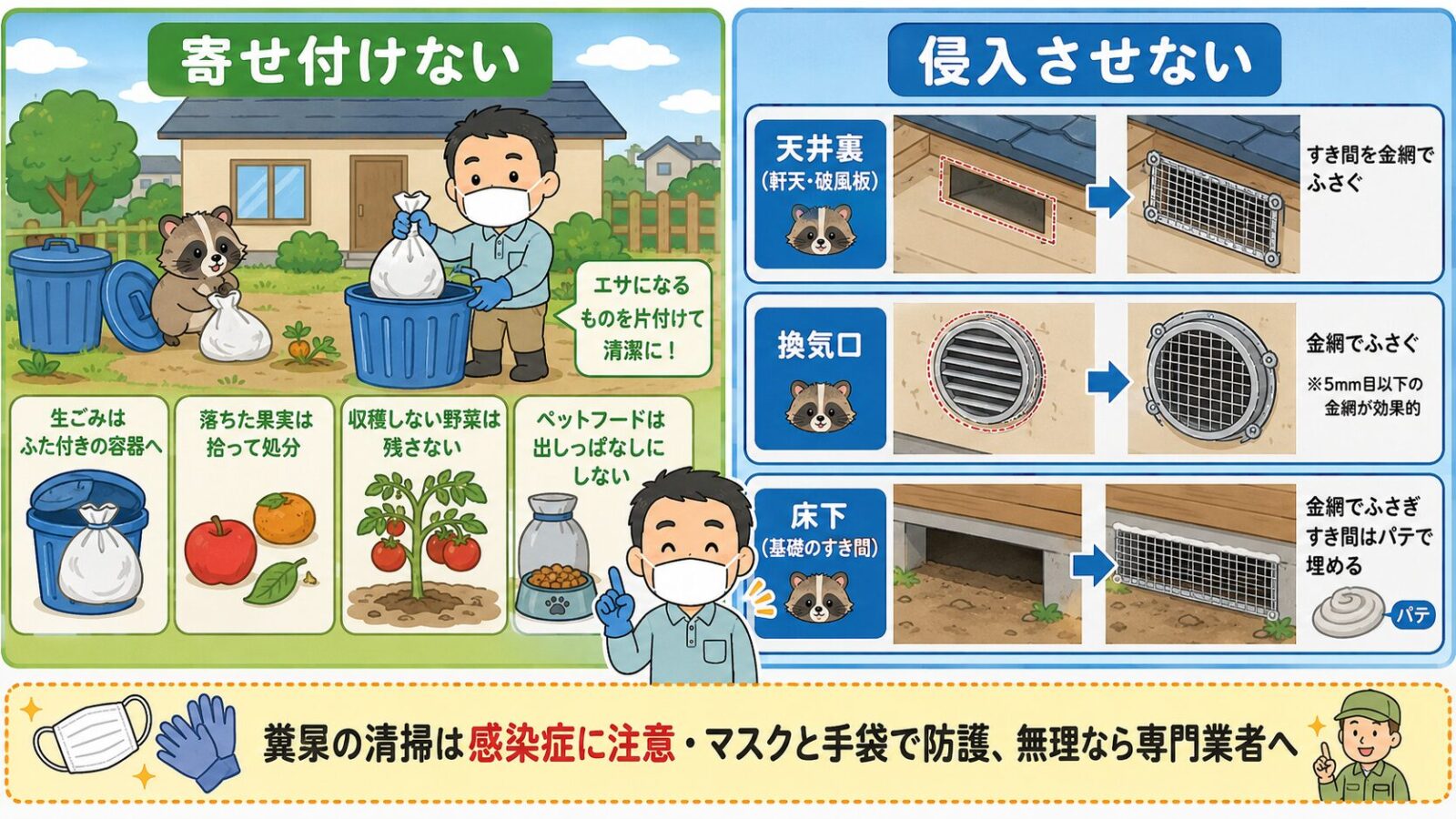 小山市で自分でできる害獣の予防・応急対策を示す図。寄せ付けない(生ごみ・落ちた果実・収穫しない野菜・ペットフードを置かない・庭まわりを整える)と侵入させない(屋根裏・通気口・床下のすき間を金網やパテで塞ぐ)の2本柱を守谷タクミが案内し、糞尿の清掃は感染症に注意し防護のうえか専門業者へと添えるいらすとや風イラスト。