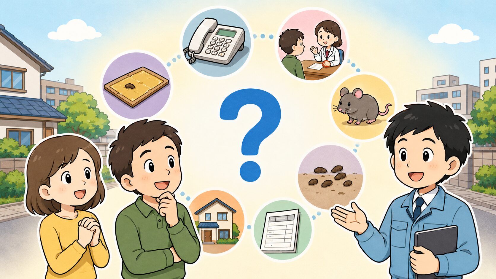電話、保健所、ネズミ、見積書などの疑問がまとまるFAQイメージ