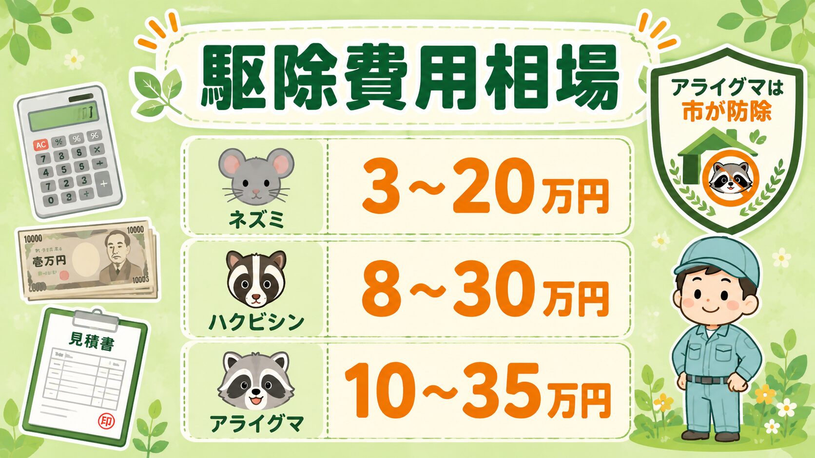 所沢市の害獣駆除費用相場を表示した図解。ネズミ3〜20万円・ハクビシン8〜30万円・アライグマ10〜35万円の3種類を電卓・1万円札・お見積書アイコンとともに視覚化。右上に「アライグマは市が防除」のシールド型アイコンを配置。