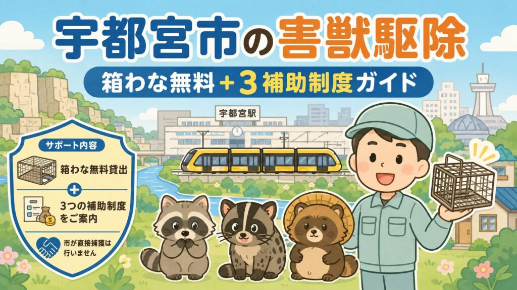 宇都宮市の害獣駆除を進めるための公式窓口・箱わな無料貸出・3補助制度の総まとめ図解。経済部 農林生産流通課 森林整備・鳥獣対策グループ（028-632-2477）が窓口。ハクビシン・タヌキ・アライグマの箱わな無料貸出と、わな購入・防護柵設置・わな猟免許取得の3補助制度（別運用でイノシシ捕獲報償金）を視覚化。