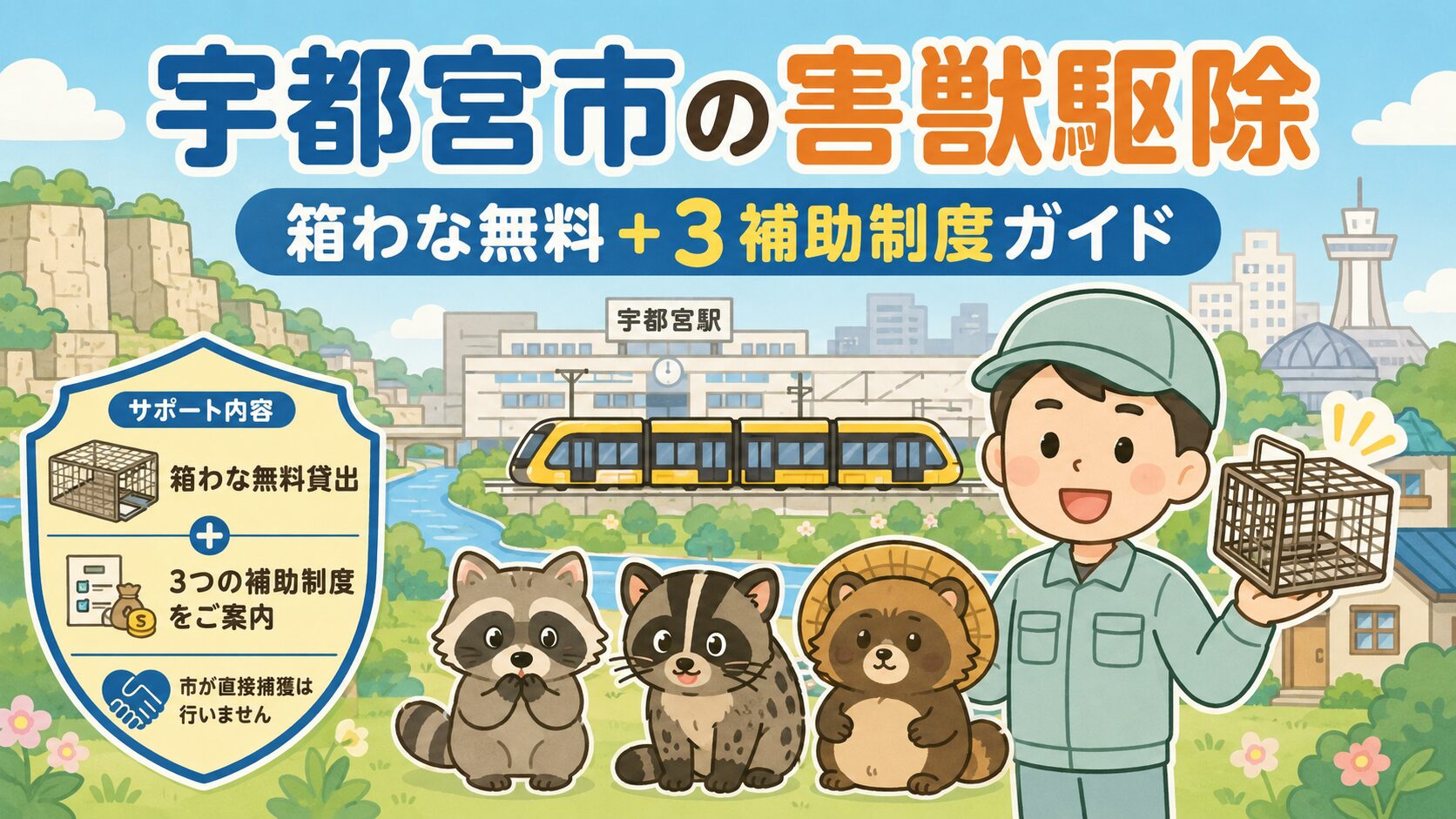 宇都宮市の害獣駆除を進めるための公式窓口・箱わな無料貸出・3補助制度の総まとめ図解。経済部 農林生産流通課 森林整備・鳥獣対策グループ(028-632-2477)が窓口。ハクビシン・タヌキ・アライグマの箱わな無料貸出と、わな購入・防護柵設置・わな猟免許取得の3補助制度(別運用でイノシシ捕獲報償金)を視覚化。