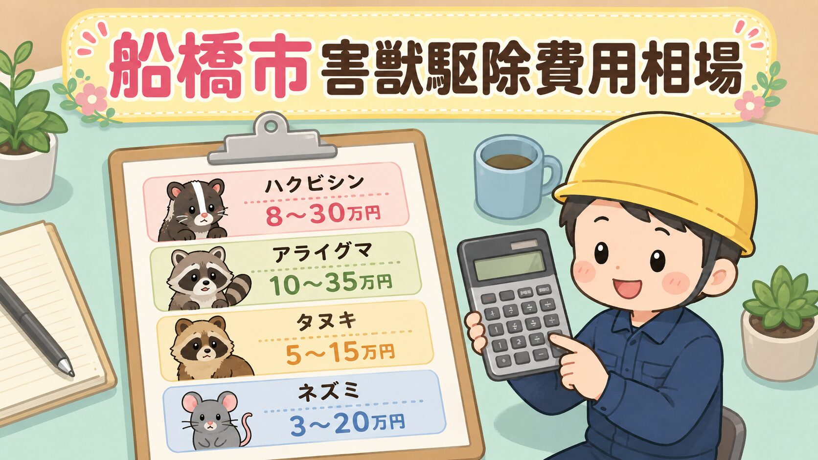 船橋市の害獣駆除費用相場をクリップボードと電卓で示したインフォグラフィック。ハクビシン8〜30万円、アライグマ10〜35万円のカード形式で表示され、屋根裏点検中の害獣キャラクターと作業員が並ぶいらすとや風デザイン。
