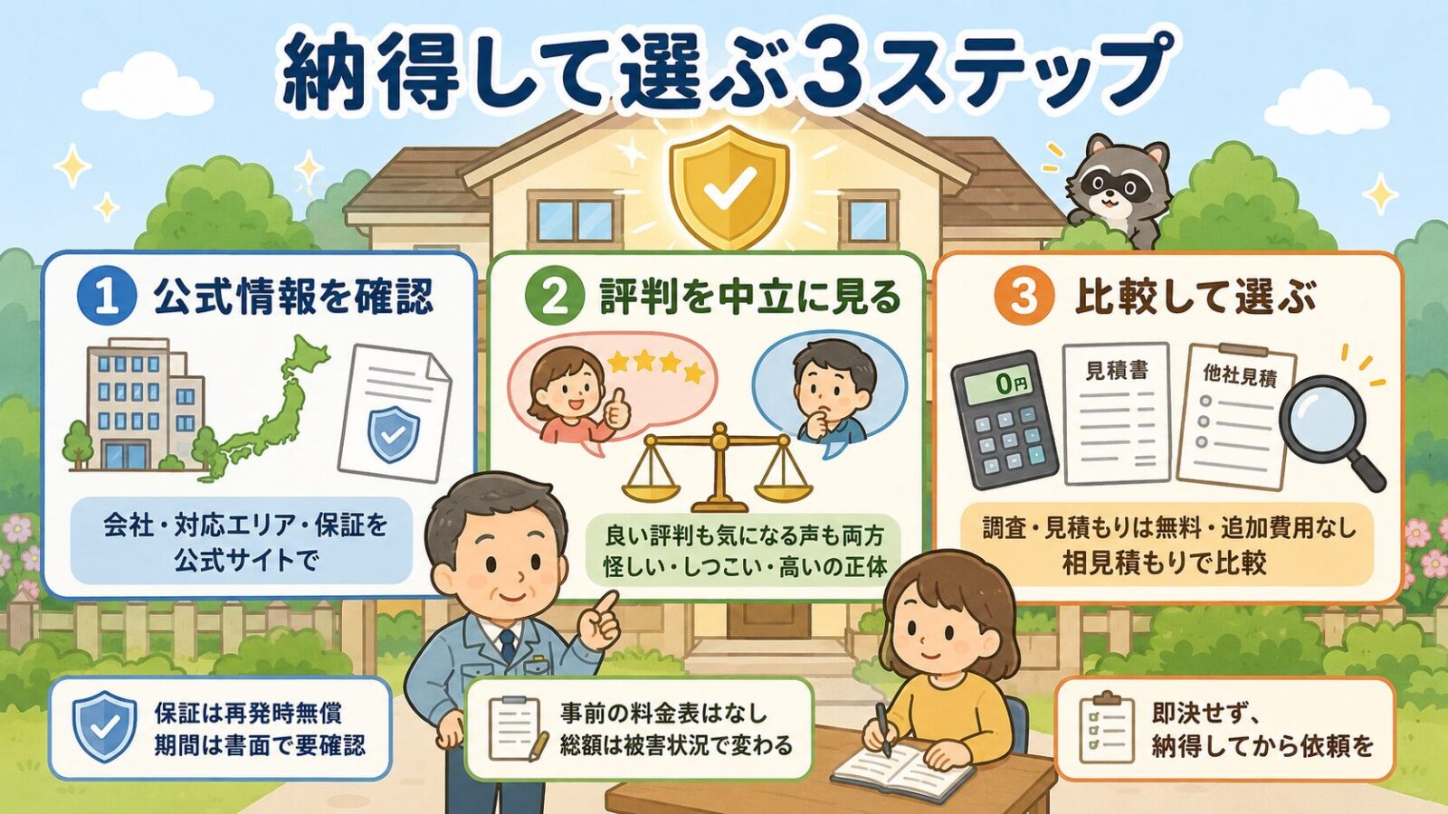 害獣プロガードのまとめ図。納得して選ぶ3ステップとして、公式情報を確認・評判を中立に見る・比較して選ぶの3つと、保証は再発時無償で期間は書面要確認・事前の料金表はなし総額は被害状況で変わる・即決せず納得してから依頼をという注意を守谷タクミと家主が示すいらすとや風イラスト。