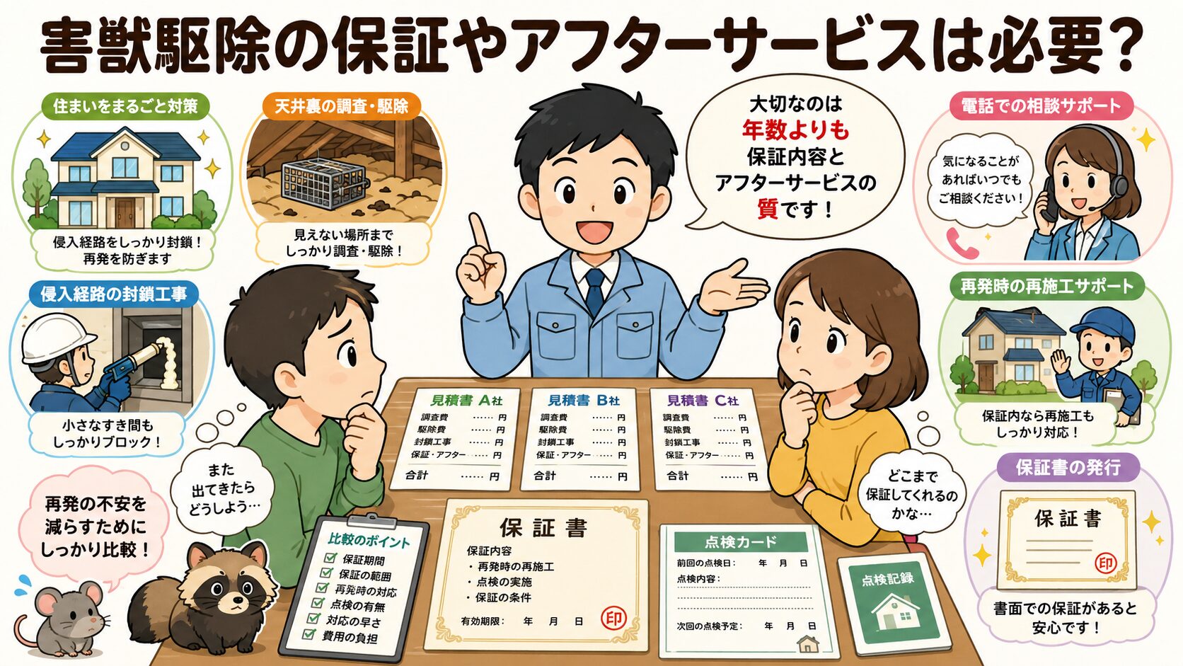 害獣駆除の保証やアフターサービスを比較しながら、再発時の安心まで含めて業者選びを考えるアイキャッチ画像