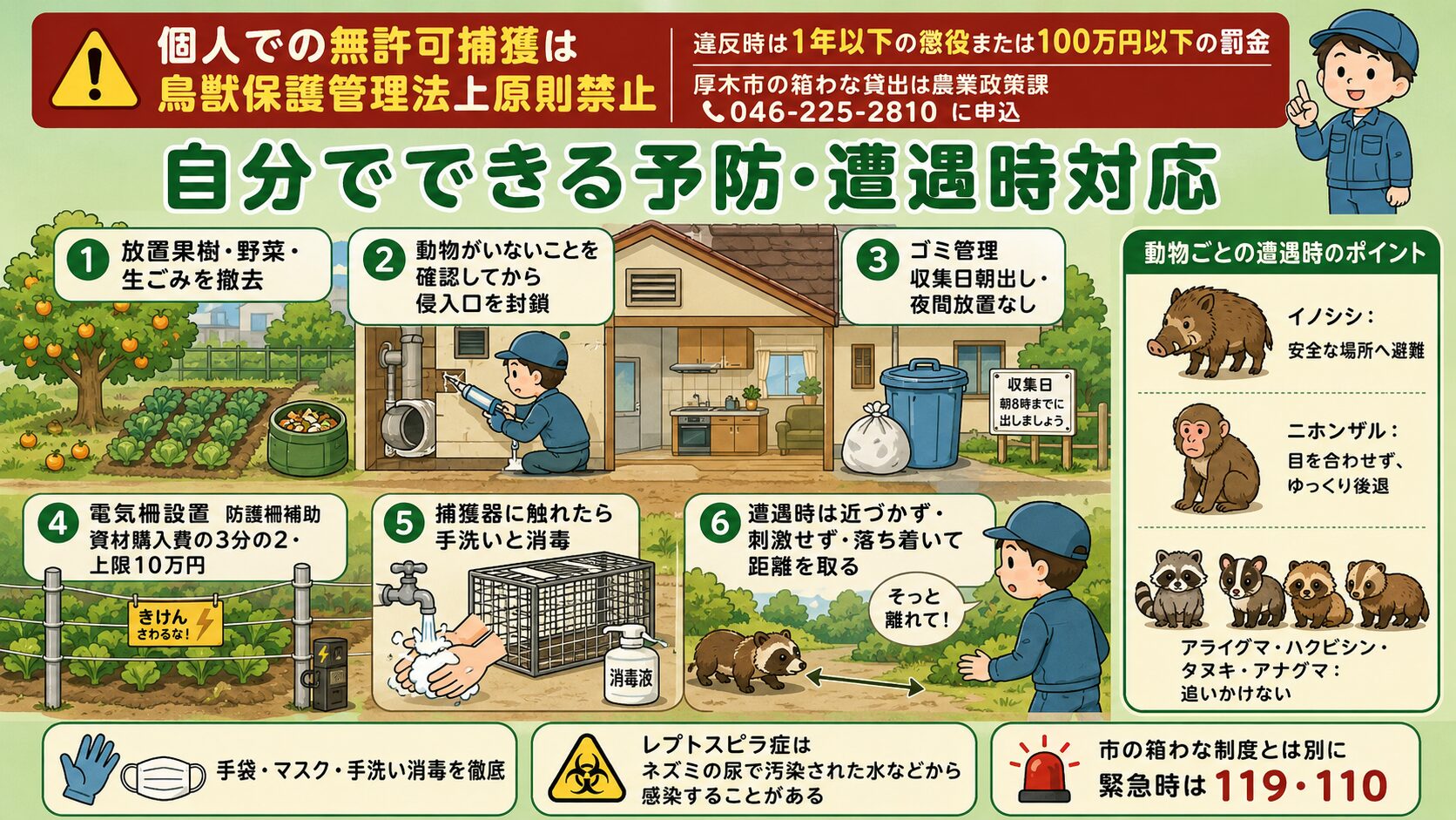 自分でできる害獣の予防・遭遇時対応。<br><br>庭・畑・住宅断面図のイラストとアイコンで6要素を表現。①誘引源を断つ(放置果樹・野菜・生ごみの撤去・特にアライグマ・ハクビシン対策は果樹のネット保護が重要)、②侵入口を塞ぐ(動物が残っていないことを確認後)、③ゴミ管理(収集日朝出し・夜間放置なし)、④電気柵設置(イノシシ・ニホンジカ対策・市の補助制度を活用)、⑤捕獲器に触れたら手洗いと消毒、⑥遭遇時は刺激せず・近づかず・落ち着いて距離を取る(イノシシは安全な場所へ避難・ニホンザルは目を合わせない)。<br><br>「個人での無許可捕獲は鳥獣保護管理法違反(懲役・罰金対象)」の注意も配置。