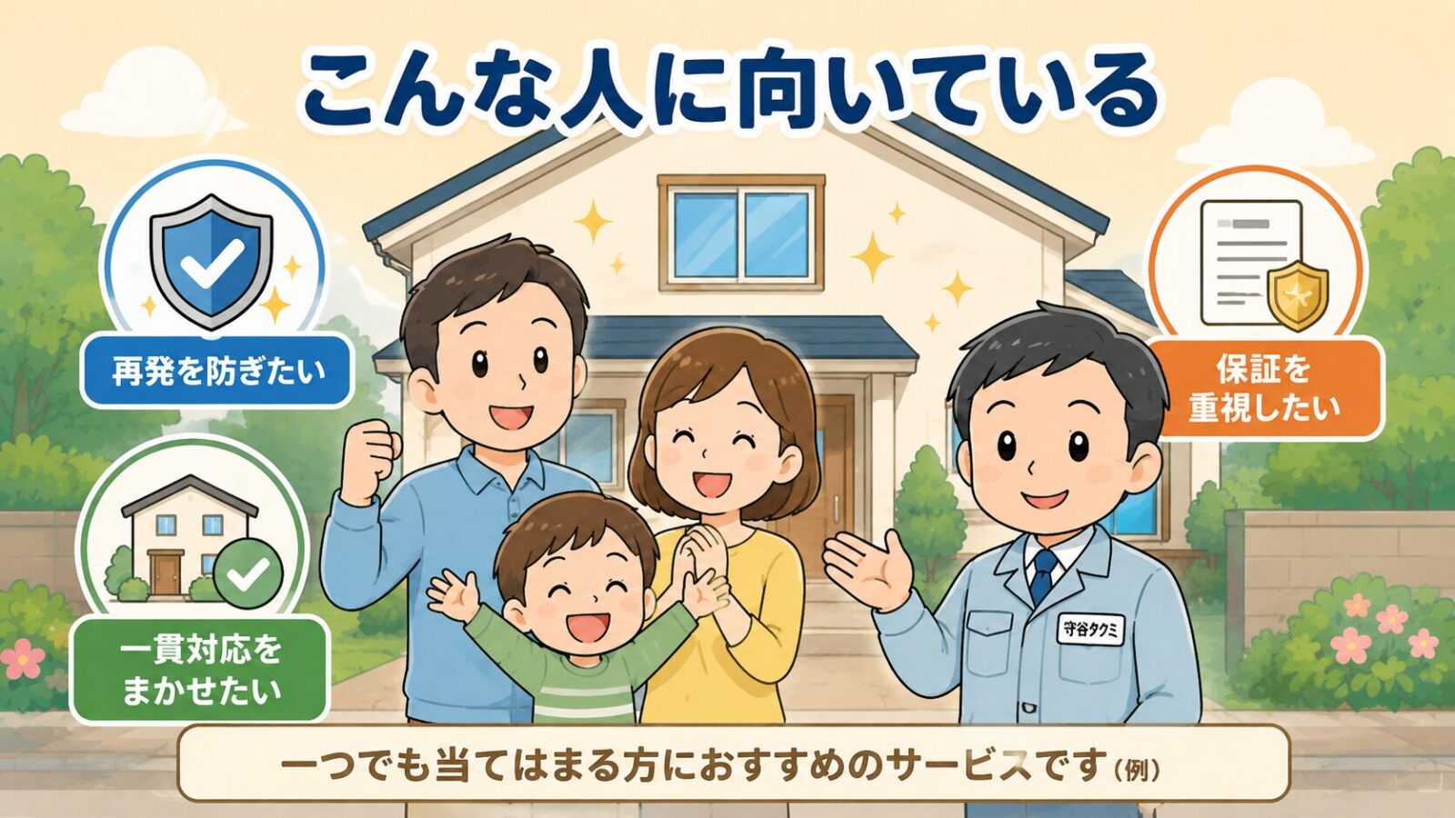 ハウスプロテクトが向いている人を示す図。被害が解決した家の前で笑顔の家族と守谷タクミが、再発を防ぎたい・一貫対応をまかせたい・保証を重視したい人に向くという例を伝えるいらすとや風イラスト。