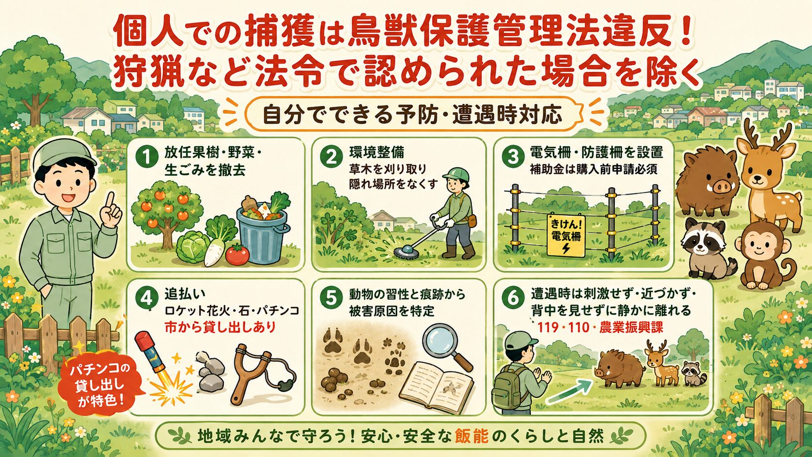 自分でできる害獣の予防・遭遇時対応。庭・畑のイラストとアイコンで6要素を表現。①誘引源を断つ(放任果樹・野菜・生ごみの撤去)、②電気柵・防護柵の設置(補助金は購入前申請必須)、③環境整備(山際や田畑周辺の草・木を刈り取り、隠れ場所・侵入路をなくす)、④追払い(ロケット花火・石・市から借りられるパチンコ)、⑤動物の習性と痕跡から被害原因を特定、⑥遭遇時は刺激せず・近づかず・背中を見せずに静かに離れる。「個人での捕獲は鳥獣保護管理法違反」の注意も配置。