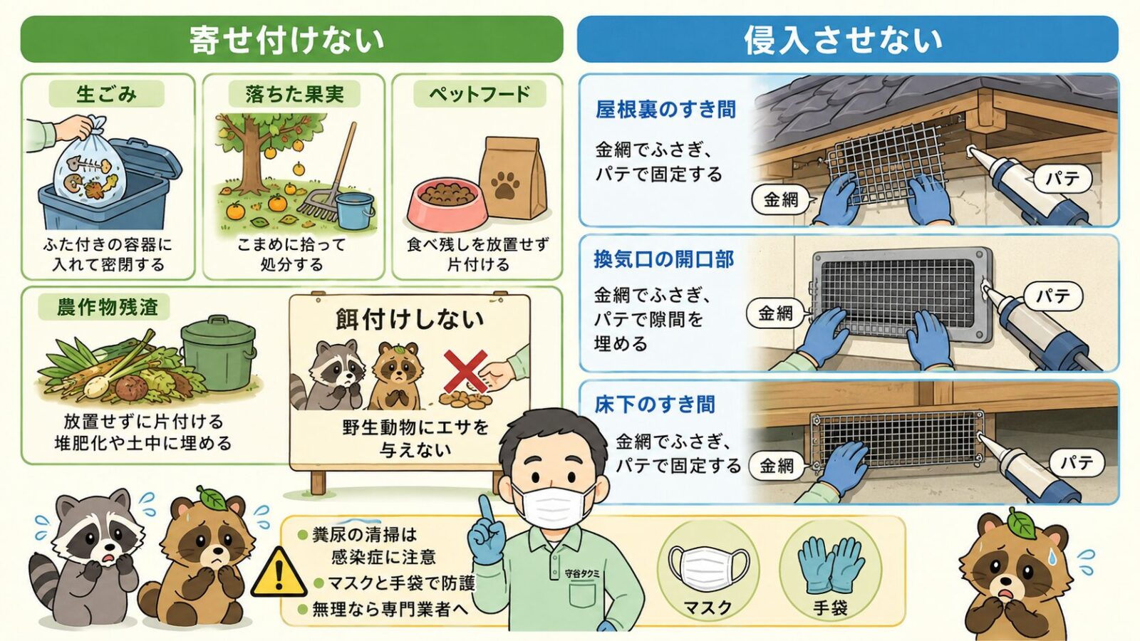 伊勢崎市で自分でできる害獣の予防・応急対策を示す図。寄せ付けない(生ごみ・落ちた果実・ペットフードを置かない・農作物残渣を片づける・餌付けしない)と侵入させない(屋根裏・通気口・床下のすき間を金網やパテで塞ぐ)の2本柱を守谷タクミが案内し、糞尿の清掃は感染症に注意し防護のうえか専門業者へと添えるいらすとや風イラスト。