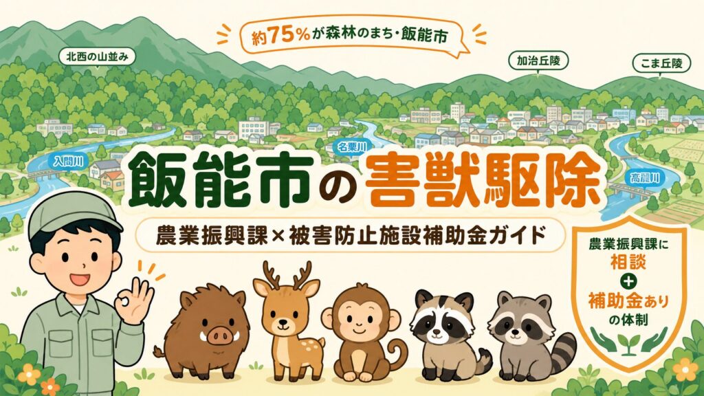 飯能市害獣駆除のメインアイキャッチ。イノシシ・シカ・サル・ハクビシン・アライグマと飯能市の街並み（北西部の山地・加治丘陵・高麗丘陵・入間川・名栗川）、農業振興課（鳥獣被害対策室）に相談＋補助金ありの体制を表現したいらすとや風イラスト。