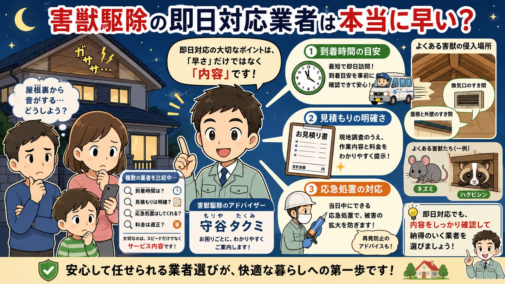 害獣駆除の即日対応業者を比較しながら、今すぐ呼ぶべきかと当日作業の中身を判断するアイキャッチ画像