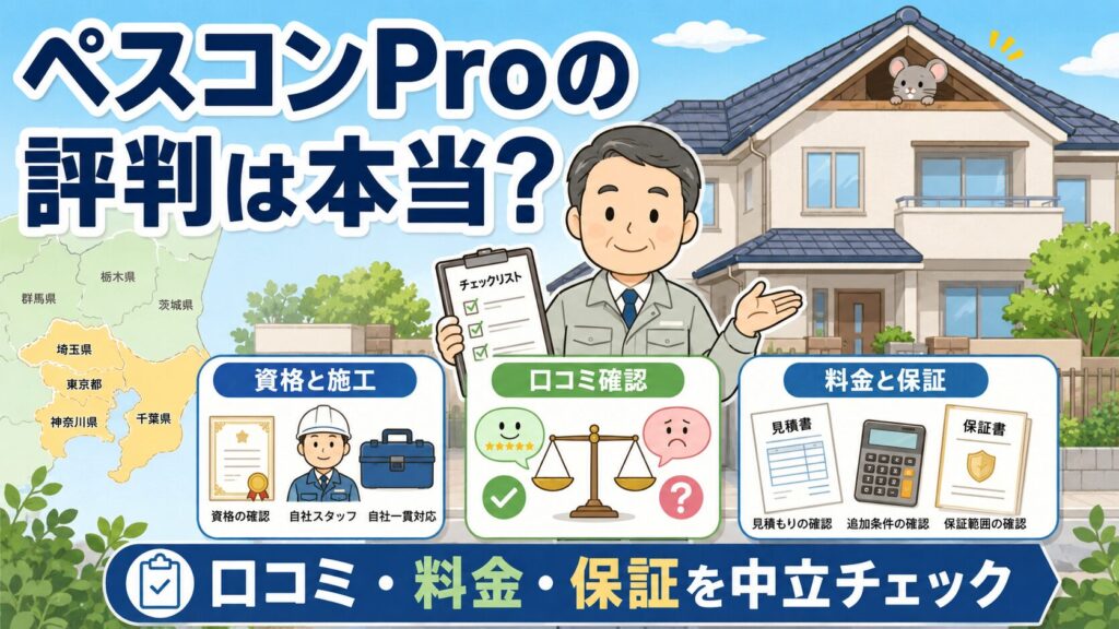 ペスコンProの評判は本当かを解説するメイン画像。一軒家を背景に作業着姿の守谷タクミが、資格と施工・口コミ確認・料金と保証の3つを中立にチェックする様子を示すいらすとや風イラスト。南関東の地図と、屋根のすき間からのぞくキュートな害獣も添えている。