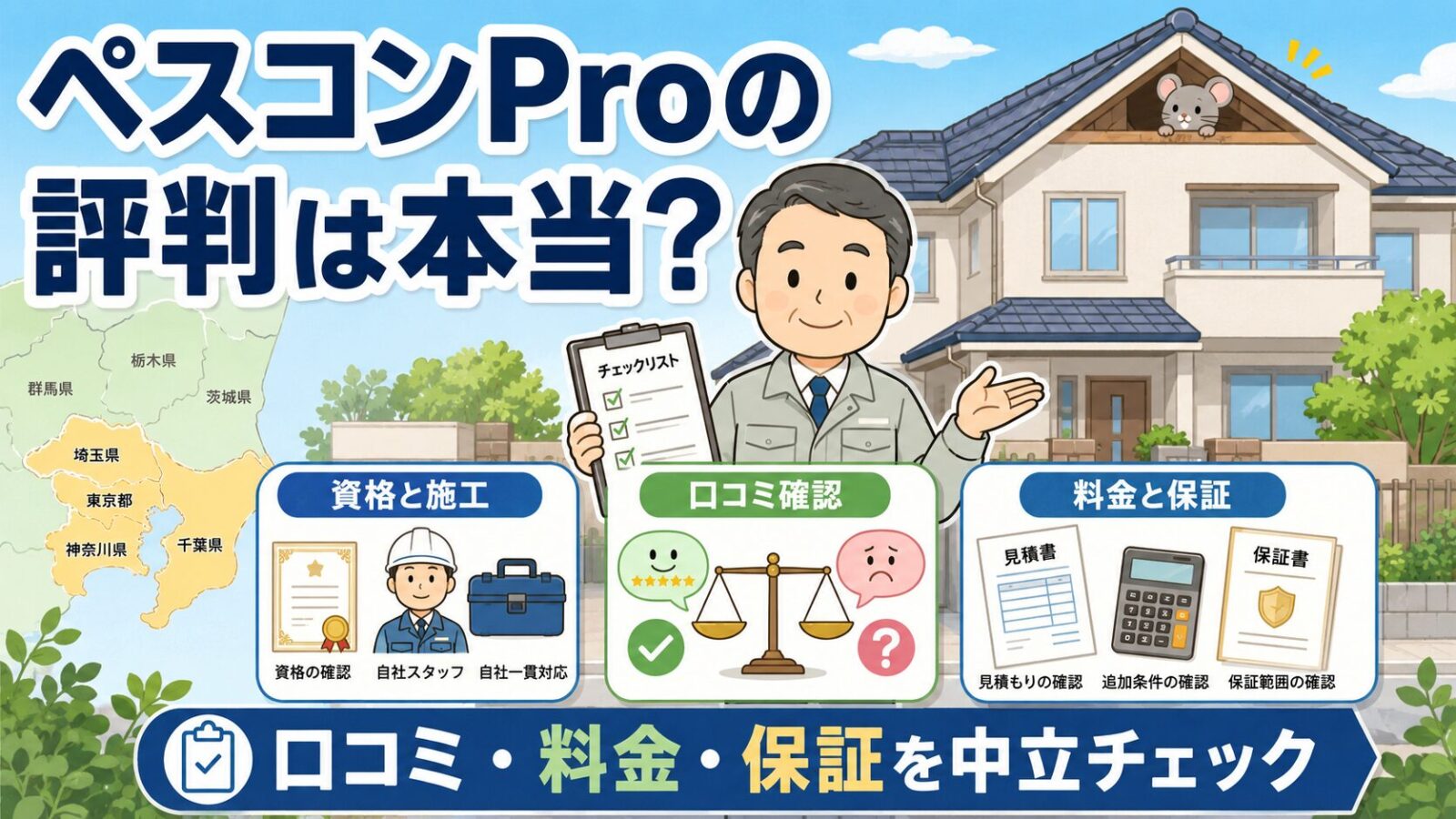 ペスコンProの評判は本当かを解説するメイン画像。一軒家を背景に作業着姿の守谷タクミが、資格と施工・口コミ確認・料金と保証の3つを中立にチェックする様子を示すいらすとや風イラスト。南関東の地図と、屋根のすき間からのぞくキュートな害獣も添えている。