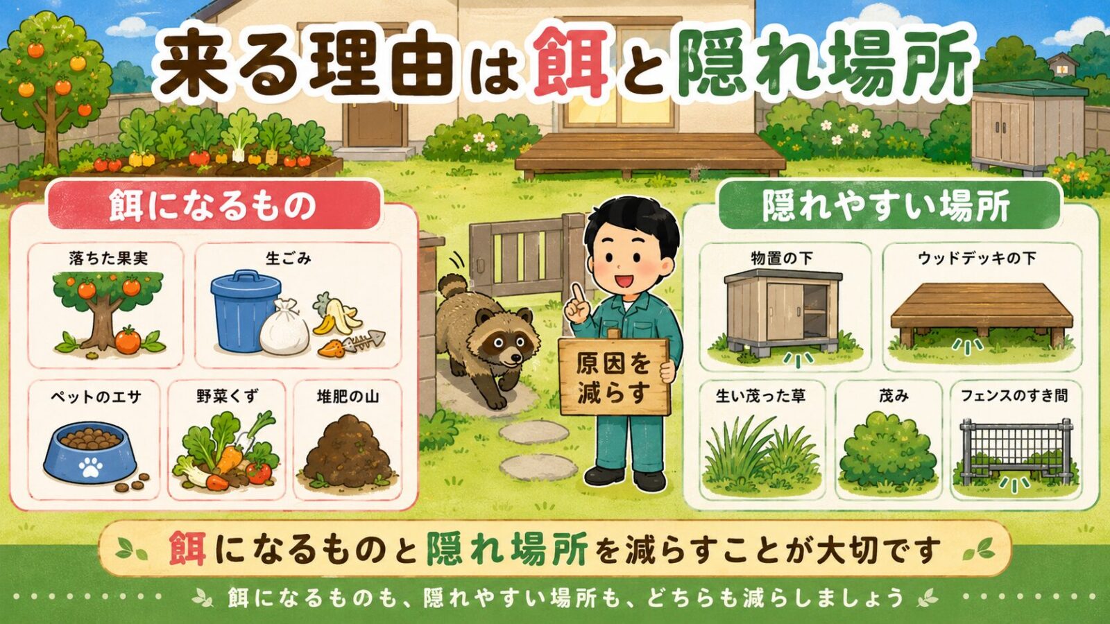 タヌキが庭に来る原因を、落下果実や生ごみなどの餌と、物置下や植え込みなどの隠れ場所に分けて整理した図解