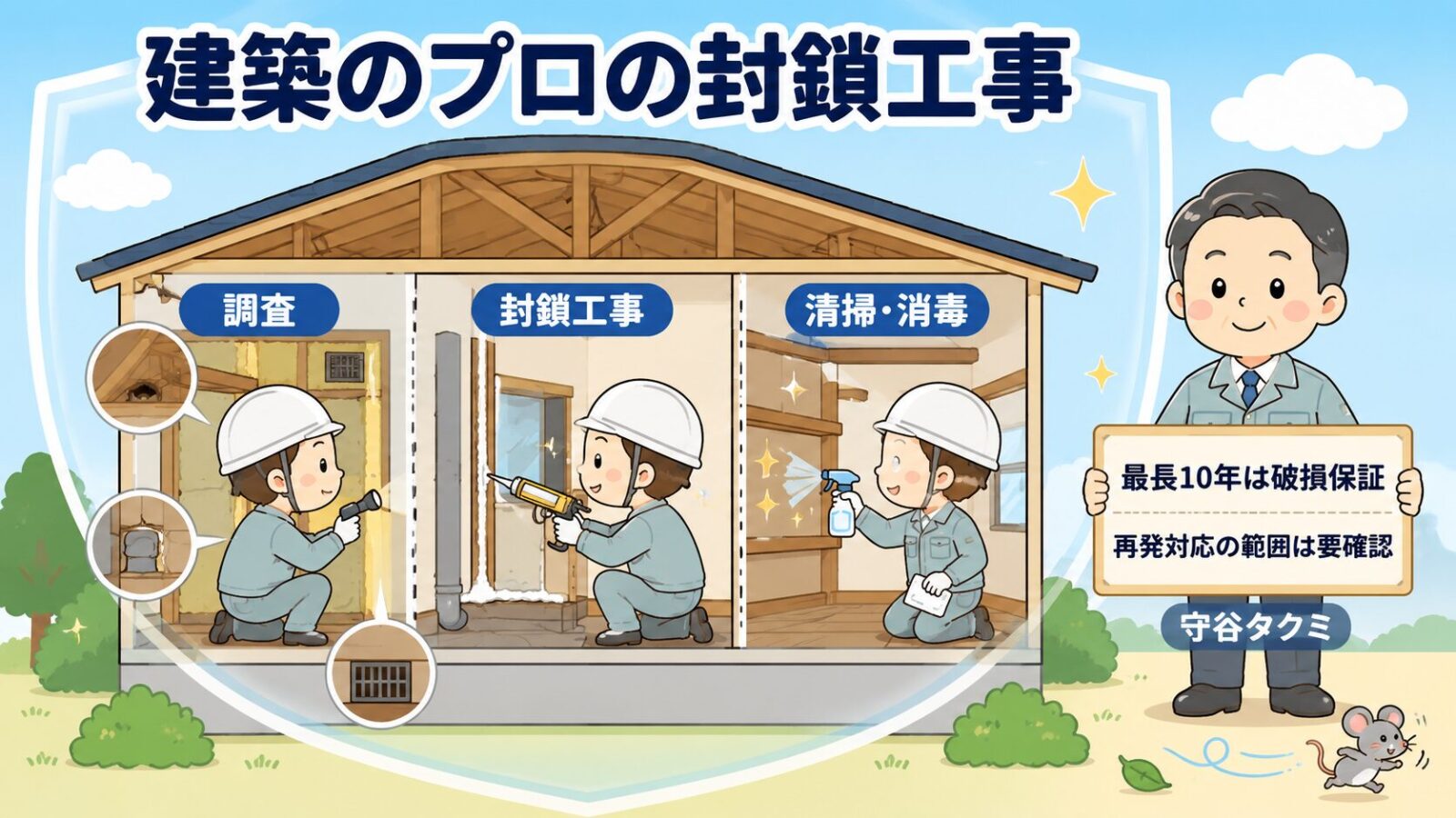 害獣プロテックの建築のプロによる封鎖工事と保証を示す図。一軒家の断面図で、調査→封鎖工事→清掃消毒の工程をヘルメット姿のスタッフが行い、最長10年は破損保証で再発対応の範囲は書面で要確認と守谷タクミが示すいらすとや風イラスト。