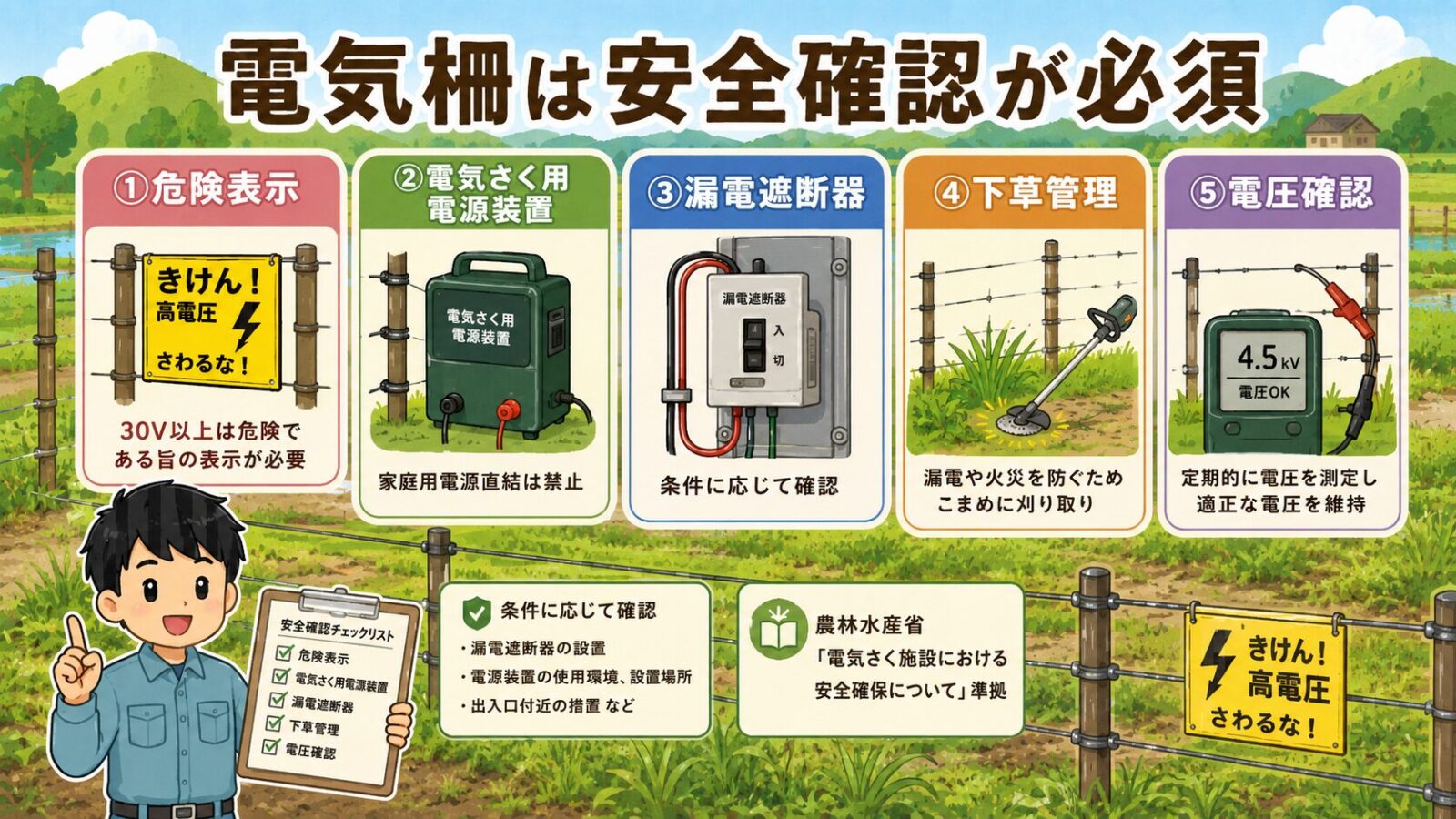 イノシシ対策で電気柵を安全に使うための危険表示、専用電源装置、漏電遮断器、下草管理、電圧確認を整理した図解