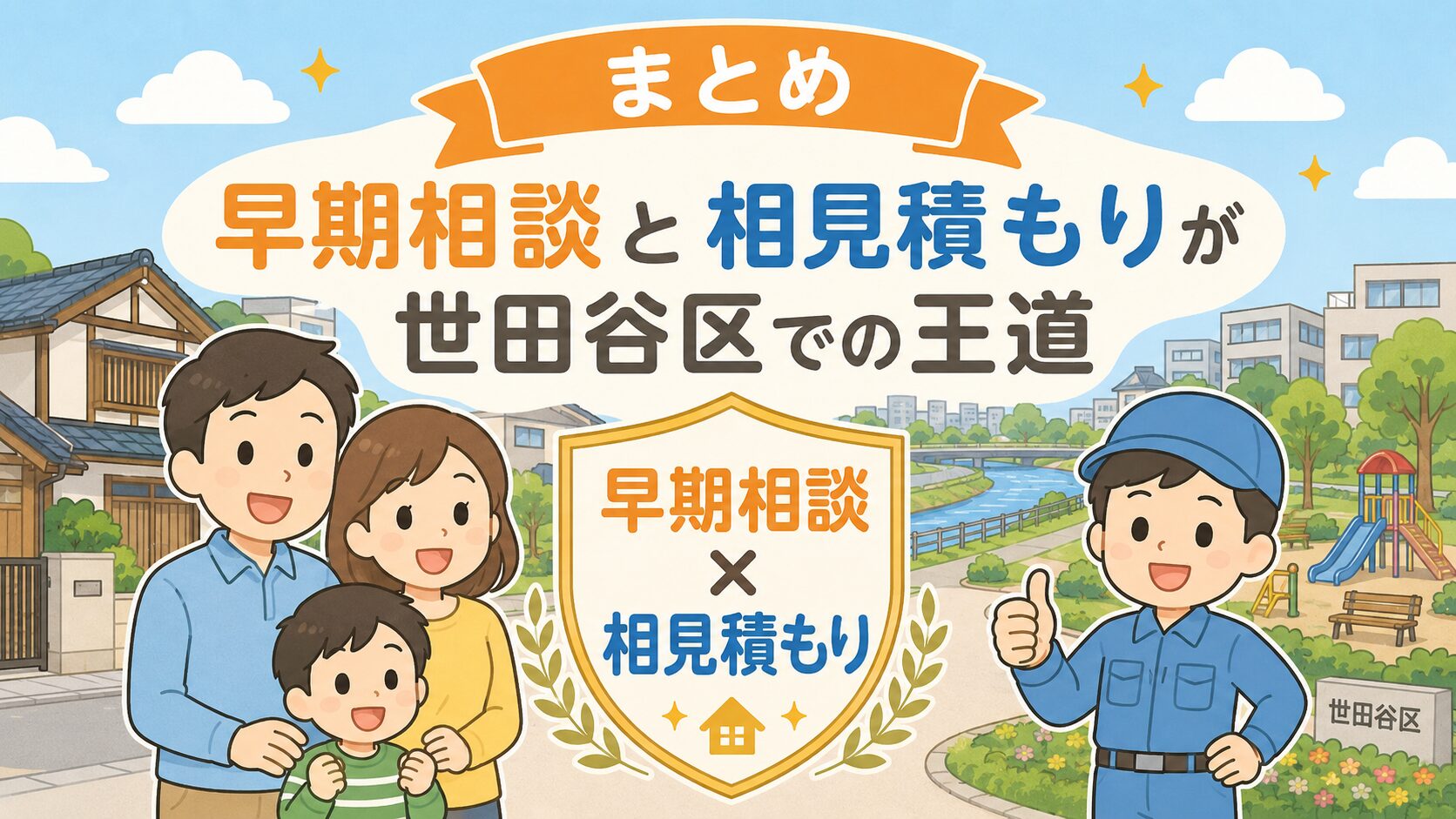 まとめ:早期相談と相見積もりが世田谷区での王道。家族(夫婦と子ども)が安心した笑顔で並び、中央に「早期相談×相見積もり」のシールド型アイコン、右側に作業着男性キャラクターが親指を立てる。背景は世田谷区の住宅地と多摩川の風景。